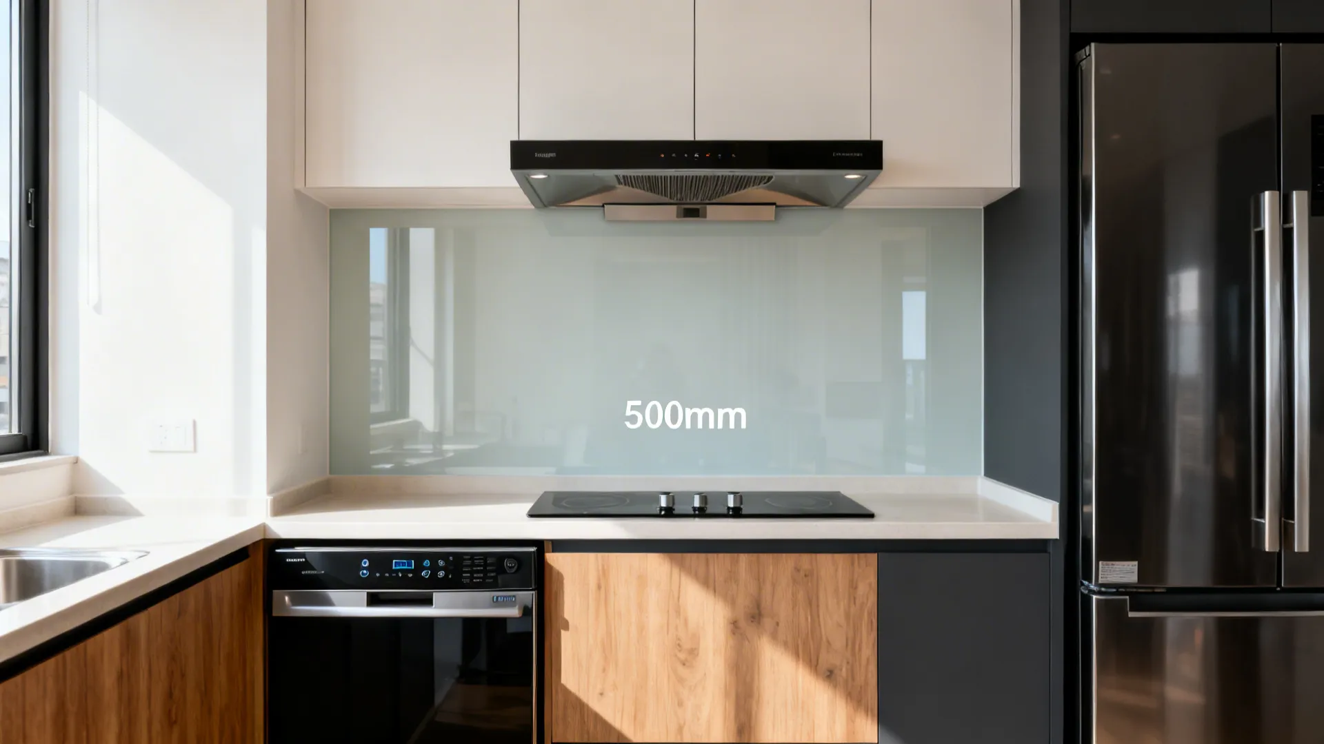 Compact kitchen layout with stove, oven, hood, fridge, and 500mm measurement shown on the backsplash