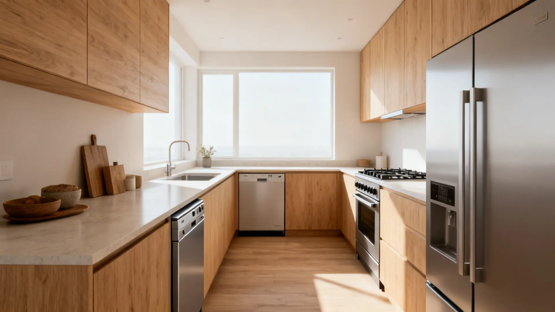 Bright kitchen with wood cabinets white counters silver fridge stove dishwasher and large window light