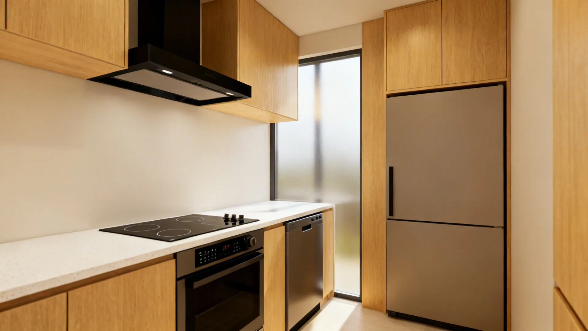 8x8 kitchen with 24-inch induction range, integrated dishwasher, and counter-depth fridge.