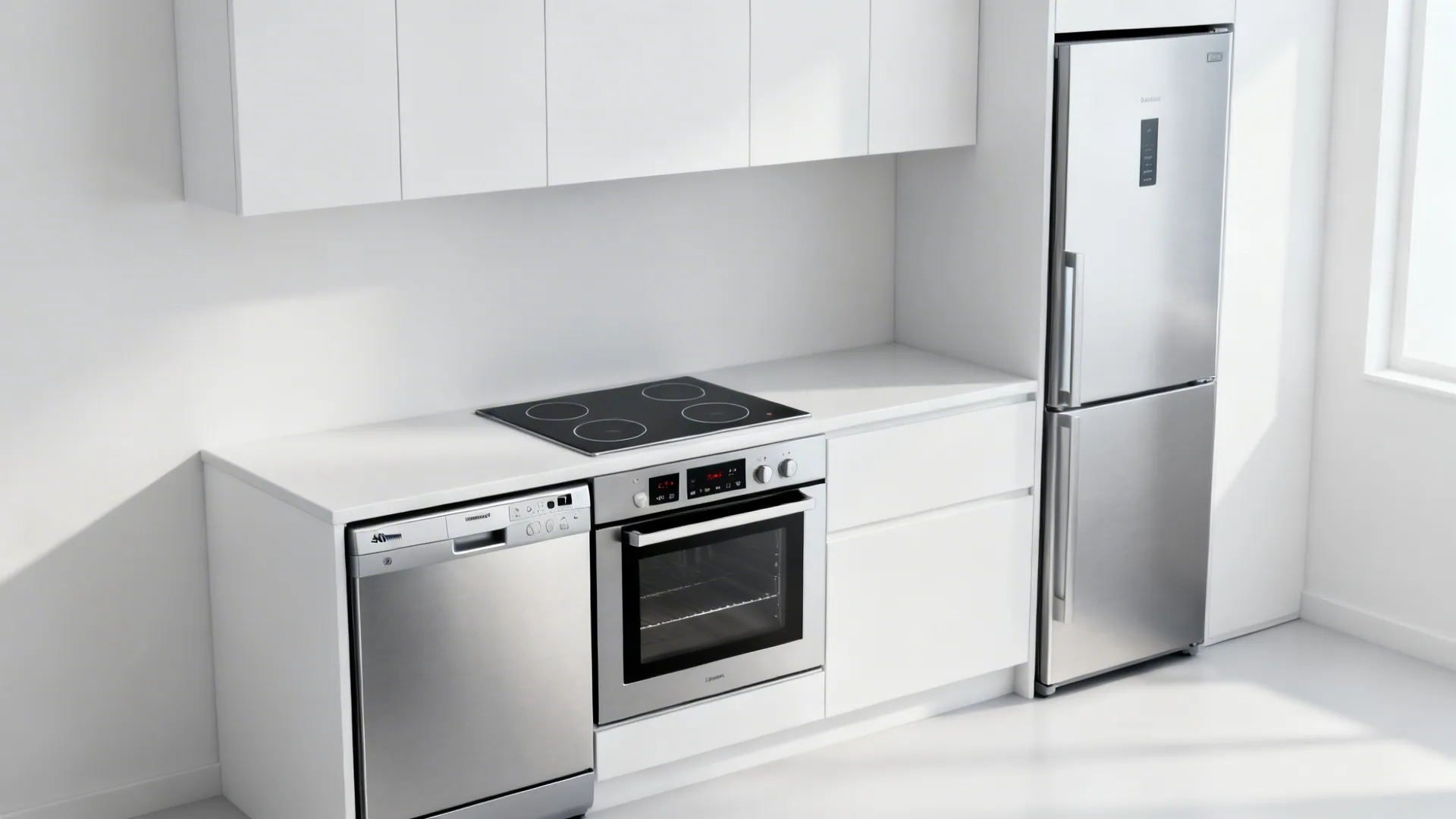 Modern small kitchen with slim dishwasher, two-zone induction, and combo oven integrated cleanly.