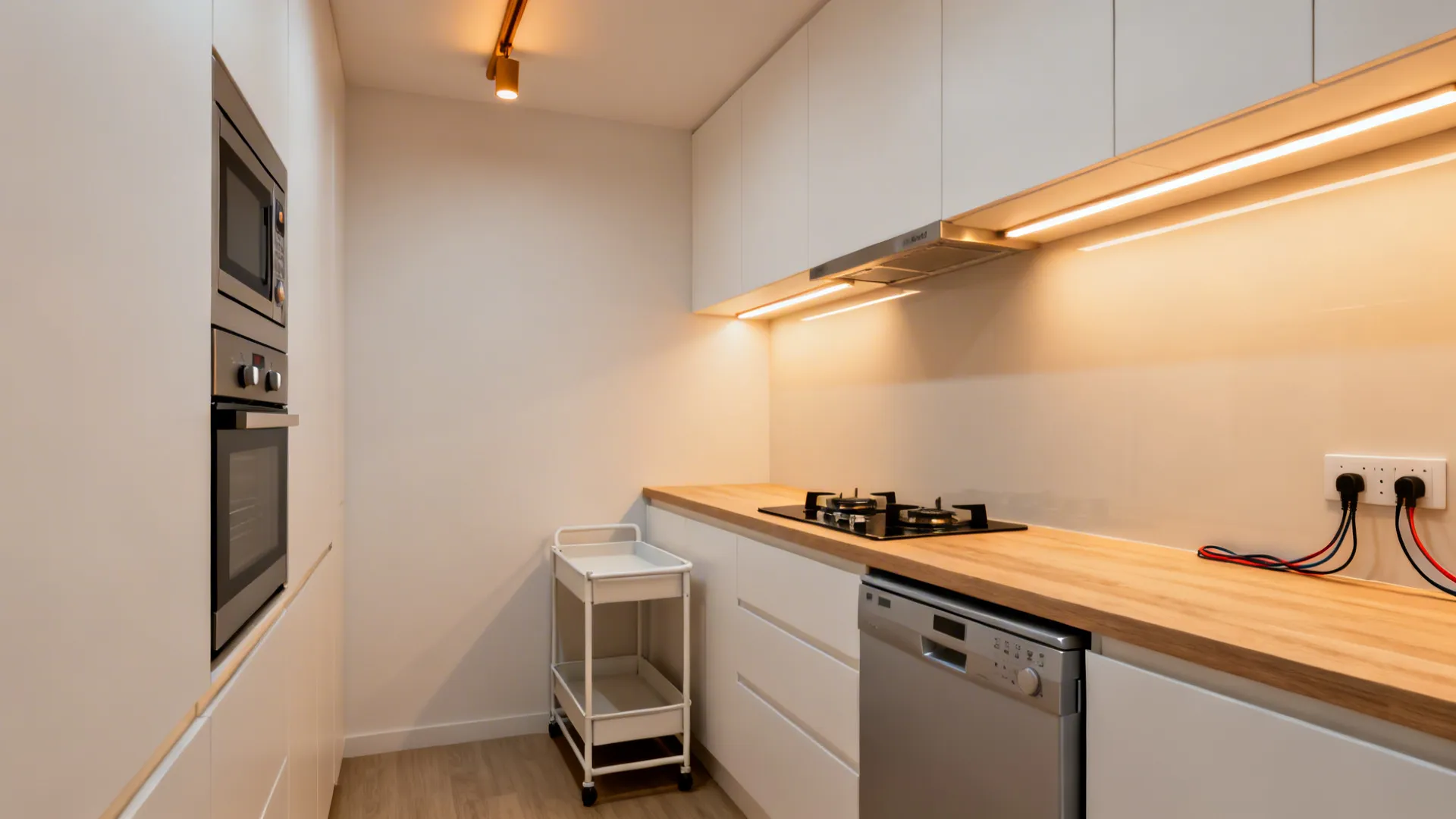 HDB kitchen with a 45 cm combi oven, 2-burner hob, prep trolley, and layered task lighting.