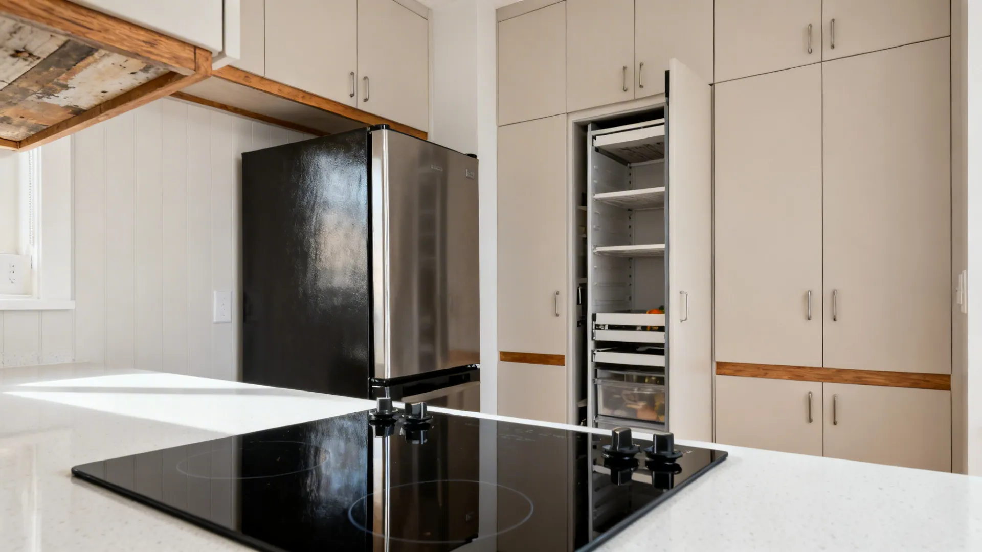 24-inch counter-depth fridge and 24-inch induction range with a slim pull-out pantry in a small kitchen.