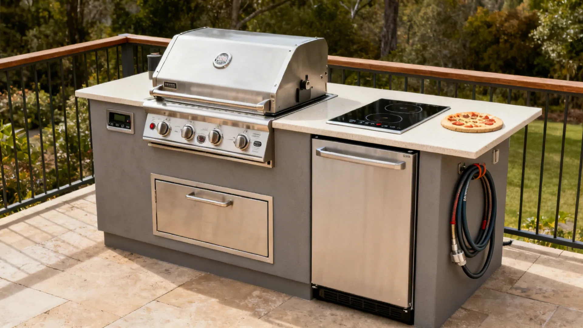 Small terrace kitchen with a 24-inch grill, single-drawer fridge, and induction side burner with ample prep space.