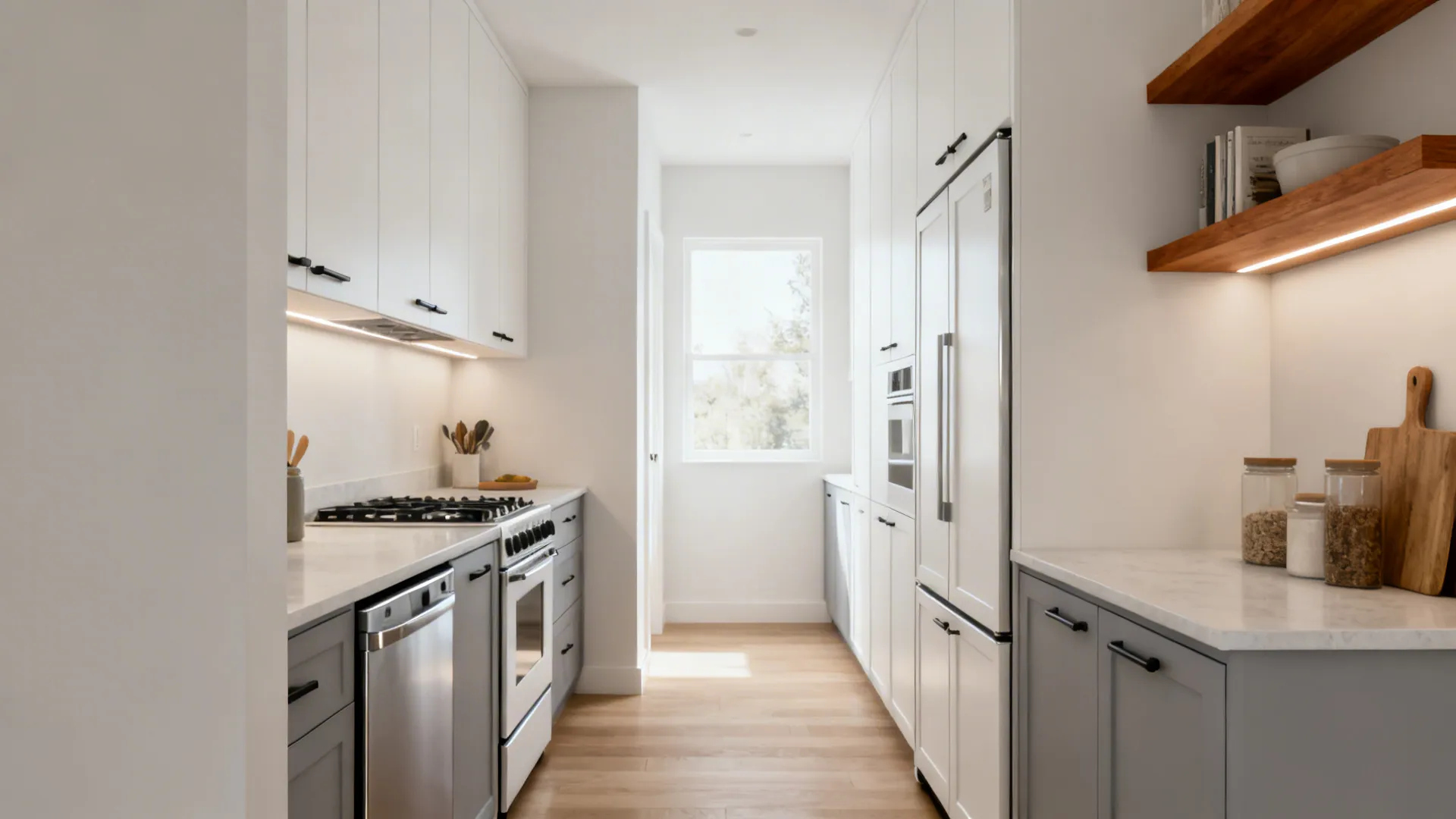 Small modern kitchen with 24-inch panel-ready appliances and clear circulation space.