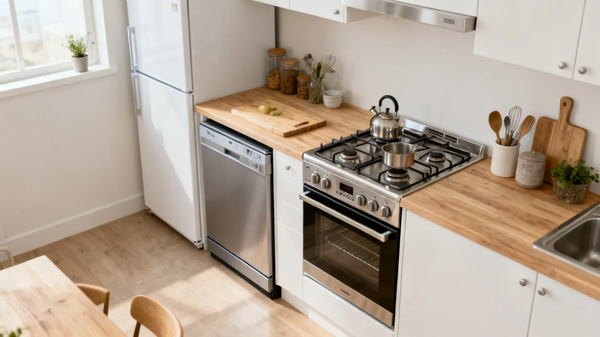 Small kitchen with a 50 cm range, counter-depth fridge, and a single-drawer dishwasher in clear zones.