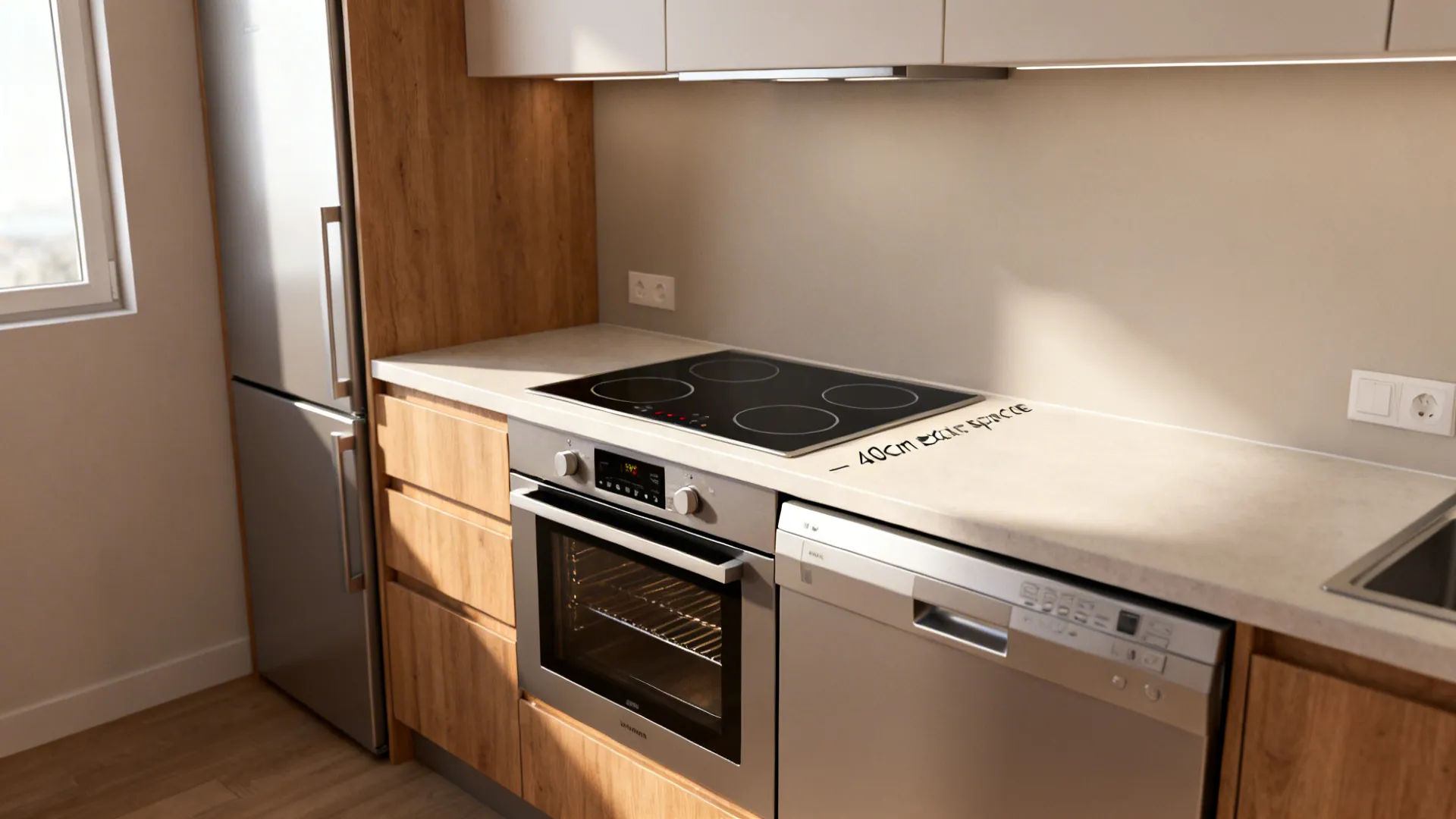 Small kitchen with a combi-steam oven, slim induction cooktop, and counter-depth fridge.
