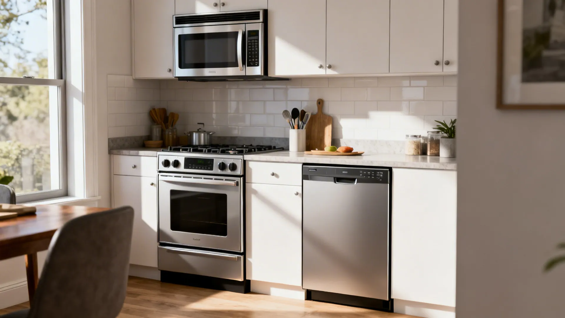 Modern white kitchen featuring stainless steel oven microwave and dishwasher with white tiled wall background