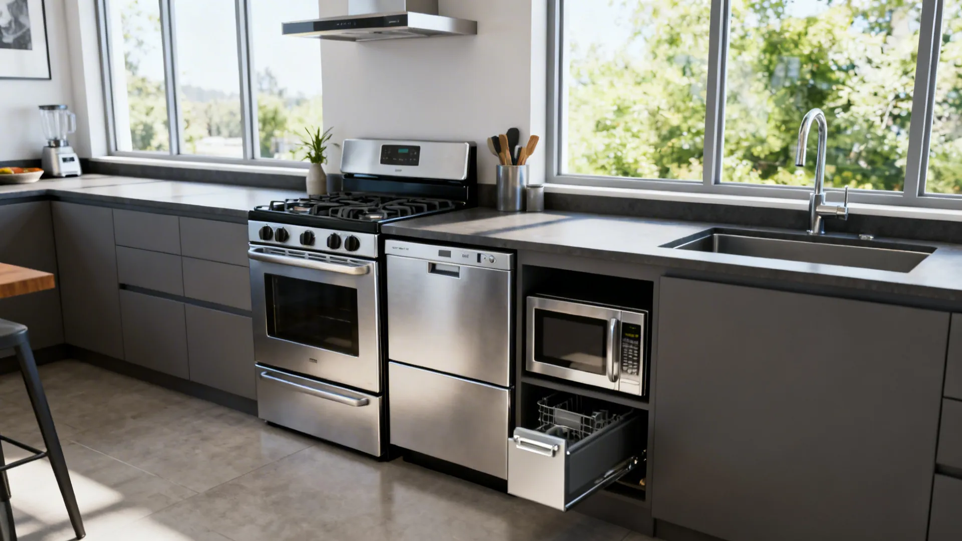 Compact 24-inch range, drawer dishwasher, and microwave-convection combo in a tidy small kitchen