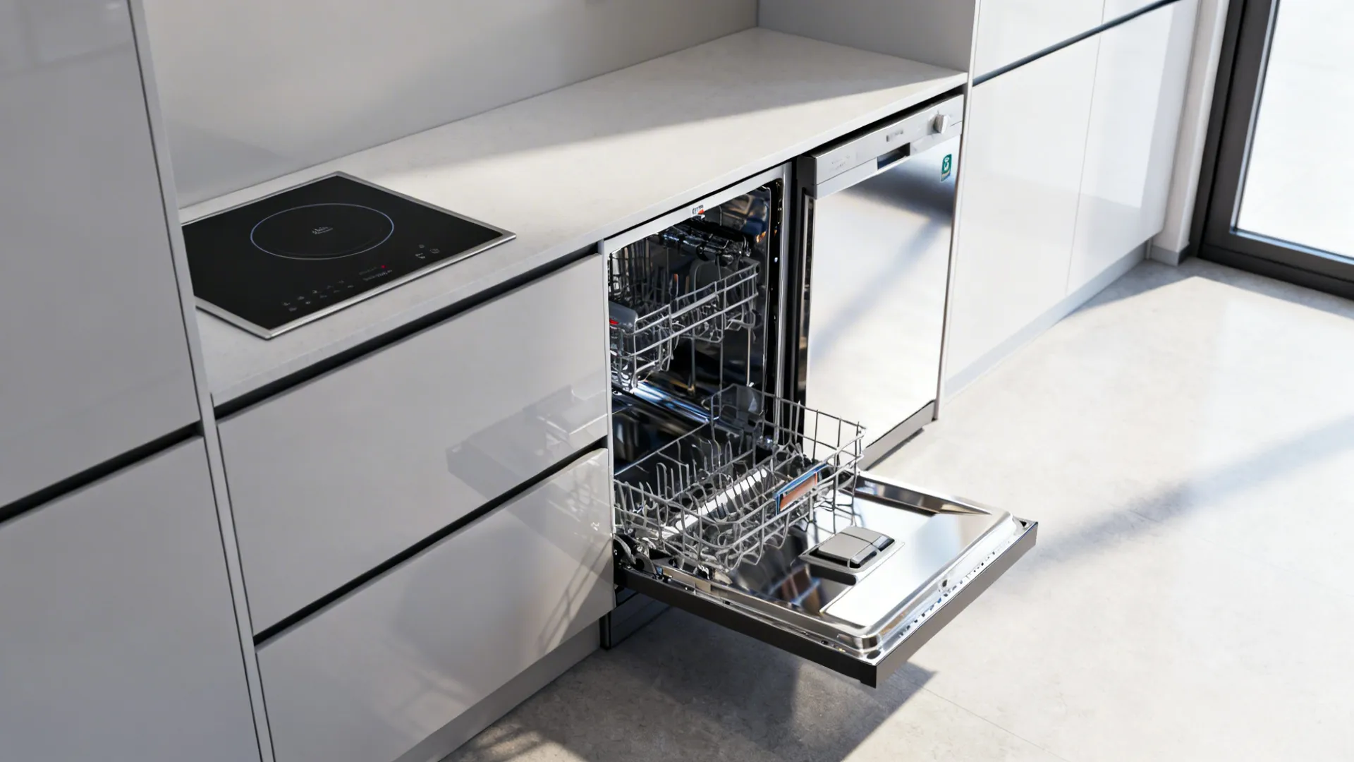 Compact integrated kitchen appliances: slim fridge, drawer dishwasher, and induction cooktop.
