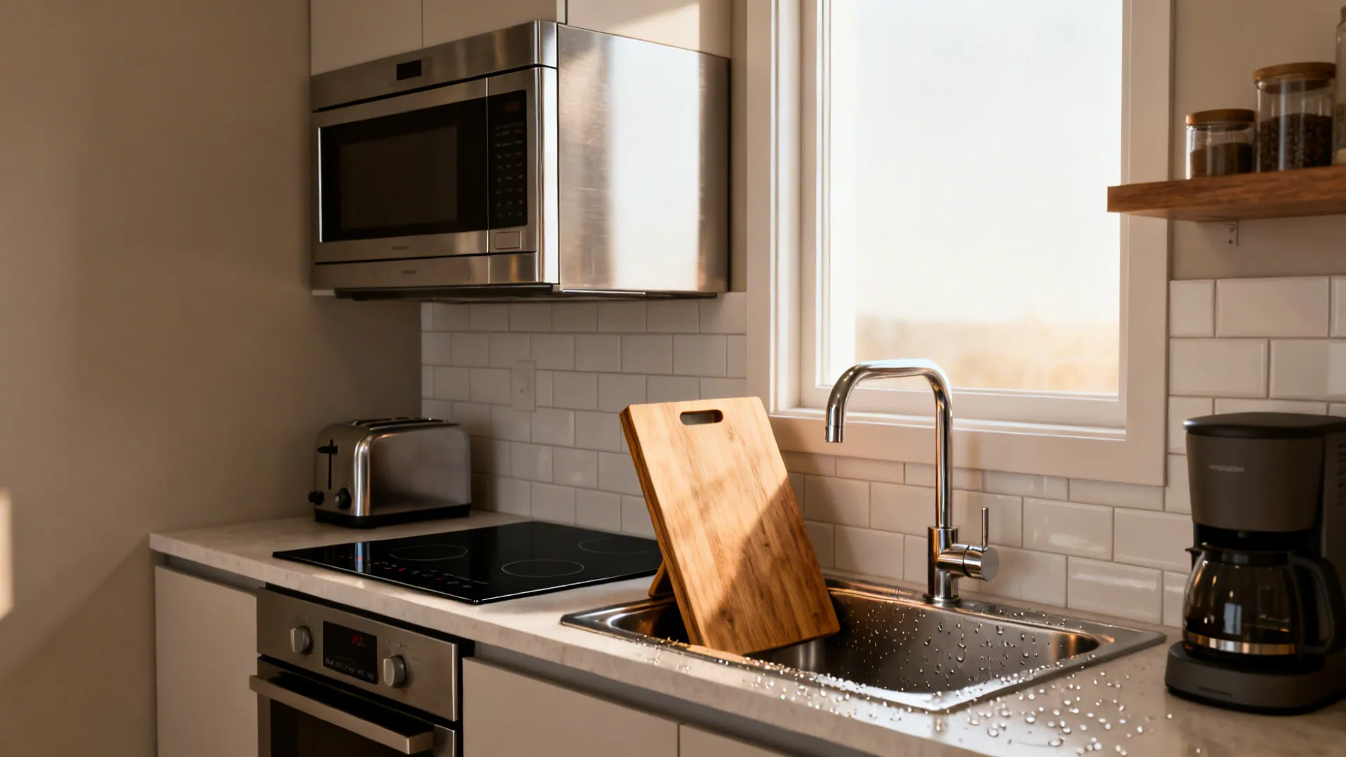 Small kitchen with compact combo appliances and multi-use surfaces to save counter space.
