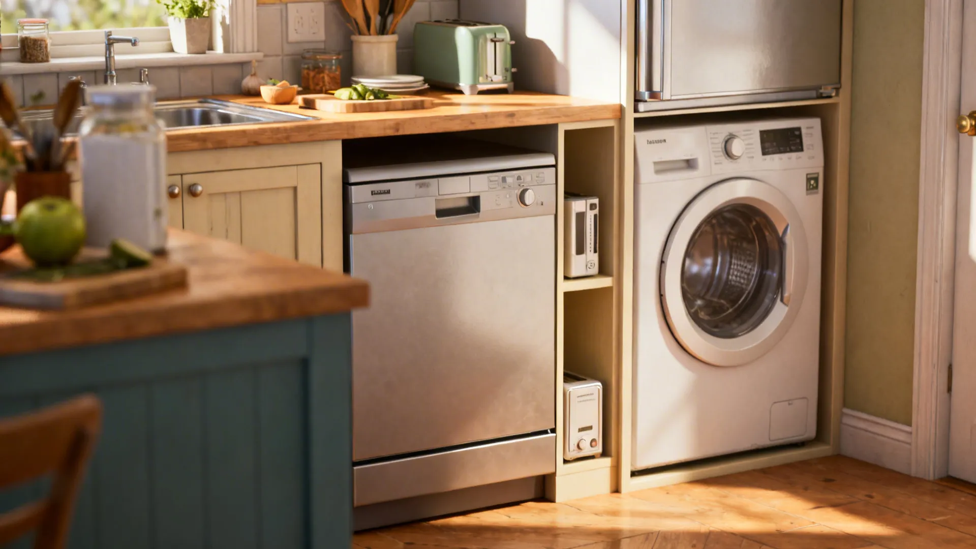 Compact appliance options in a small kitchen including a drawer dishwasher and undercounter fridge.