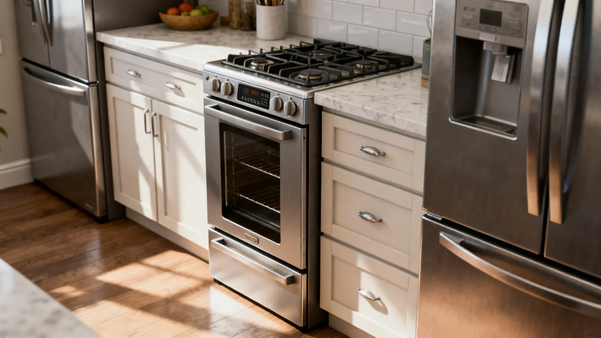 Compact 28-inch range and separate slim wall oven in a small kitchen layout