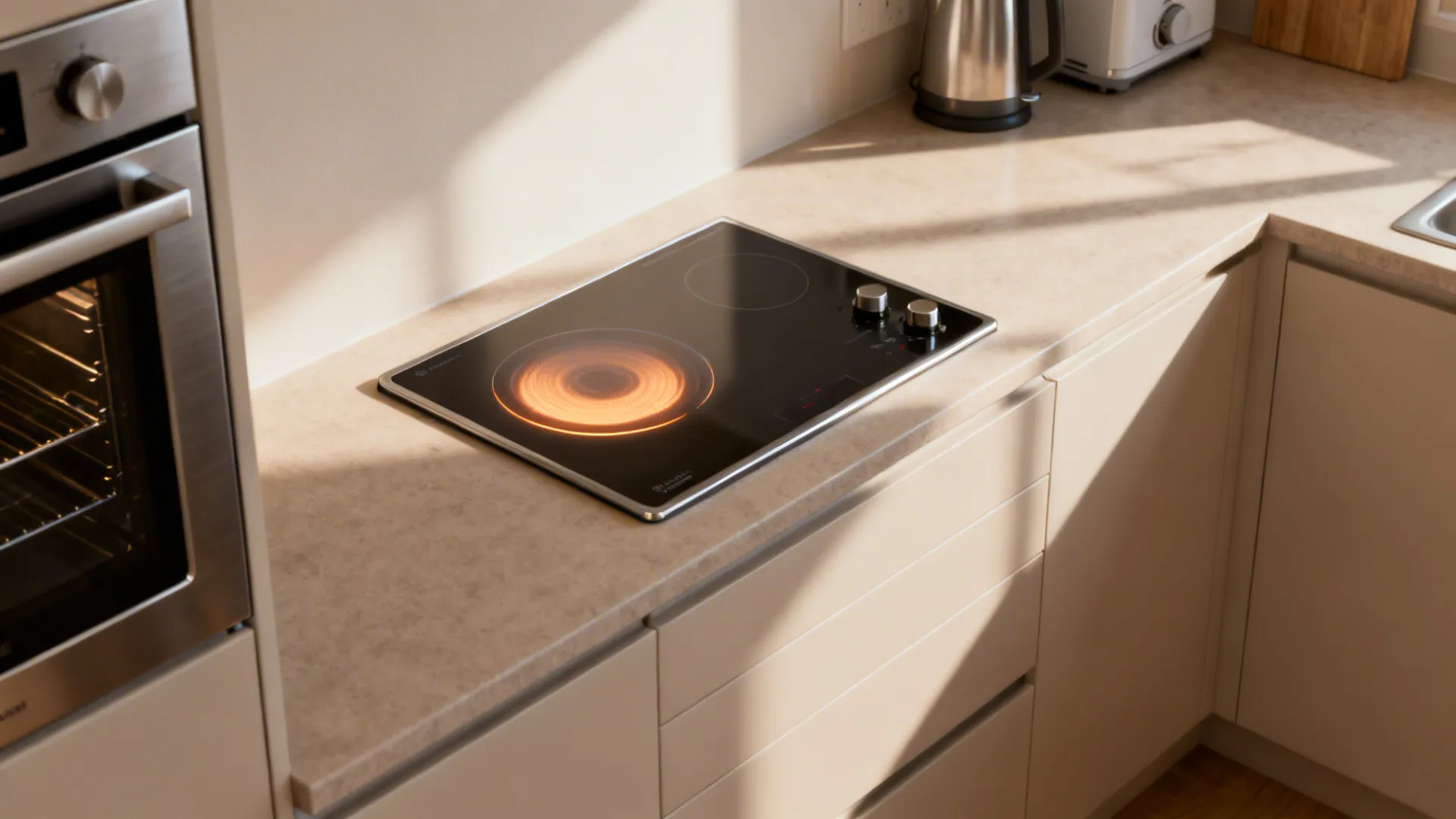 Small kitchen with compact induction cooktop and slimline appliances freeing counter space