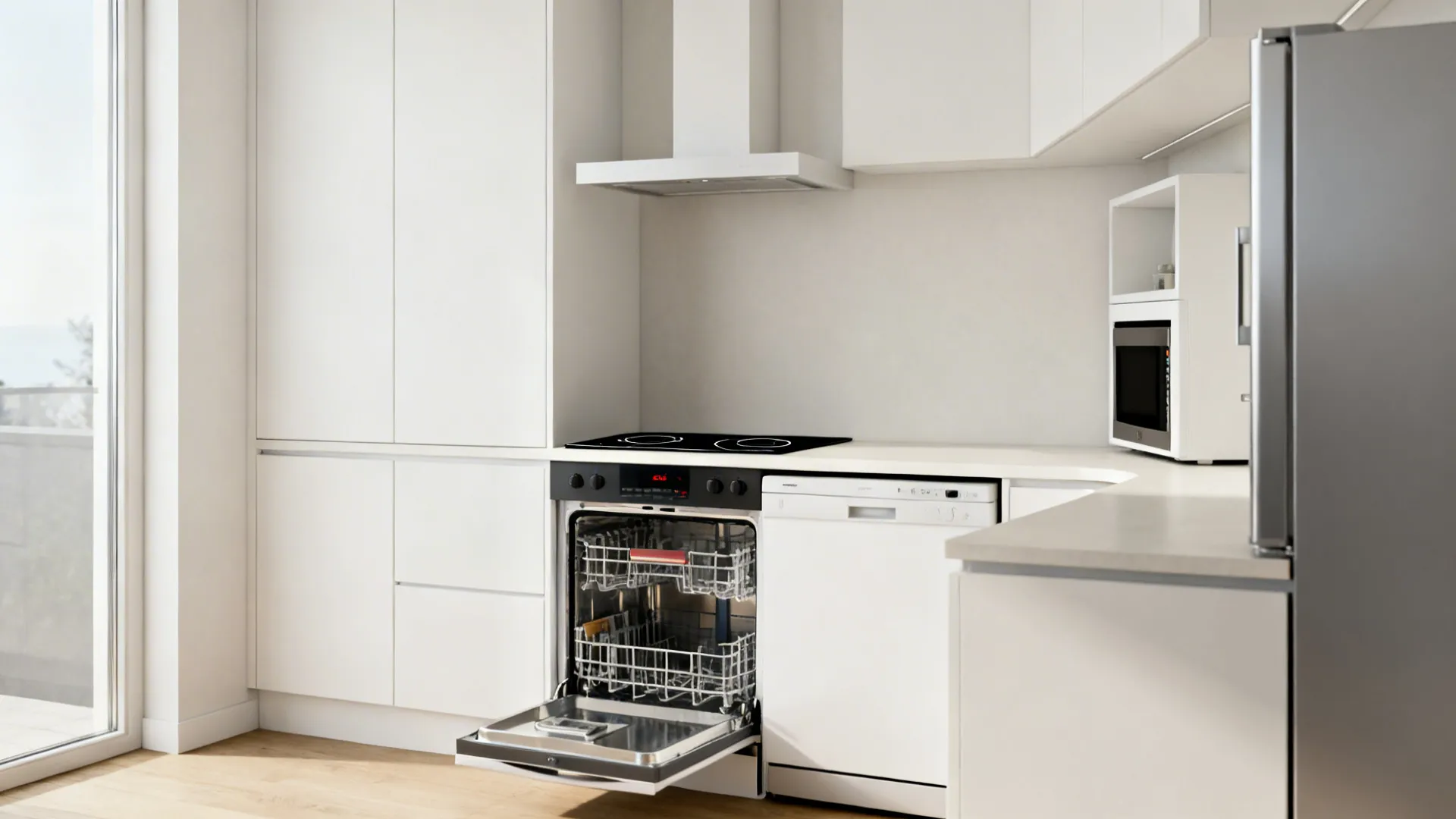 Modern white kitchen with open oven showing racks dishwasher stove microwave and clean minimalist cabinet