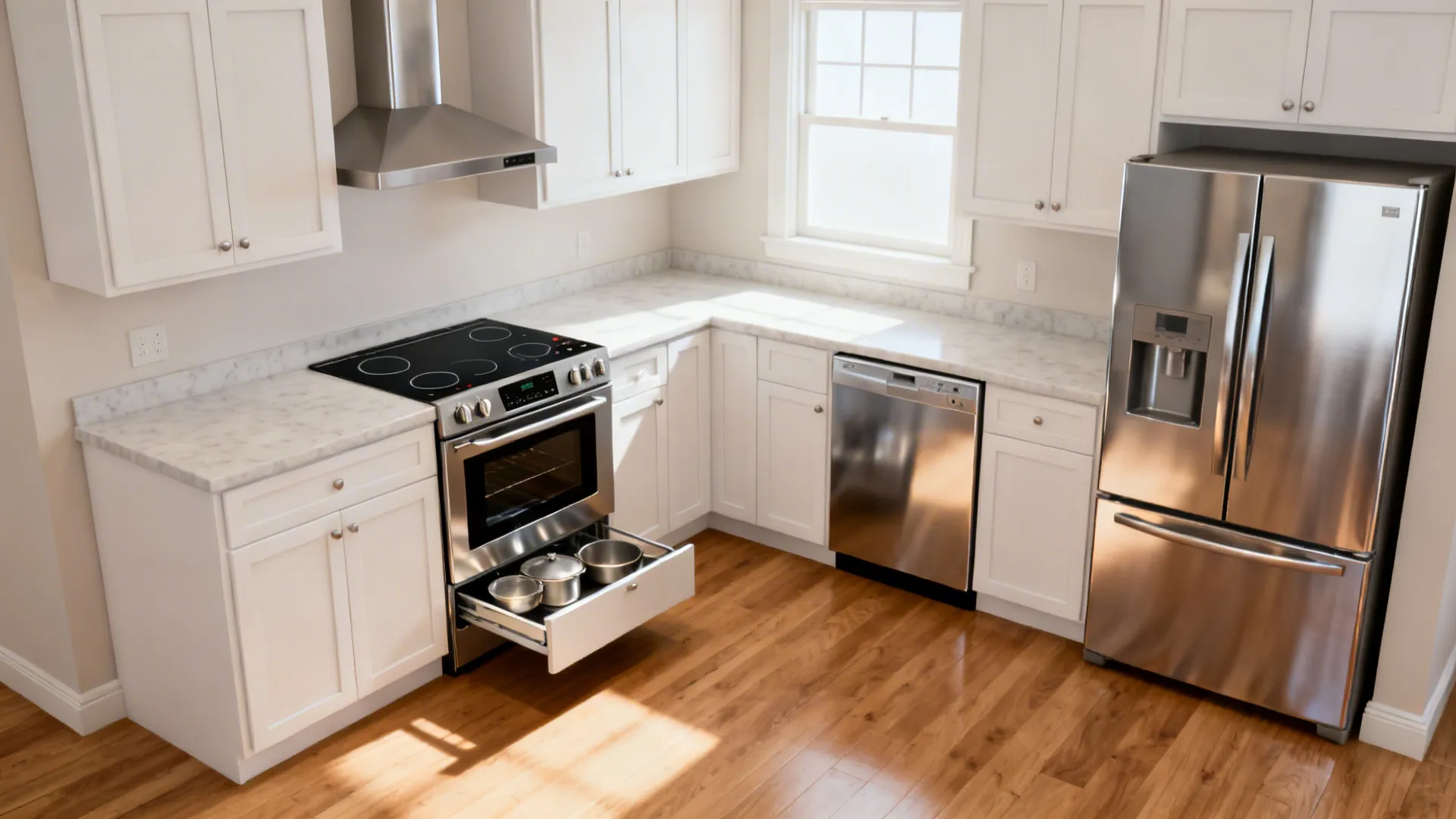 9x8 kitchen with a 24-inch induction range, 18-inch dishwasher, and counter-depth fridge.