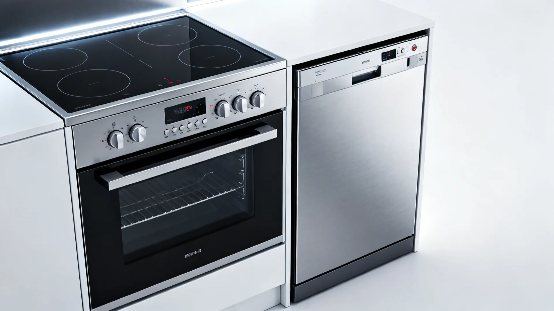 Close-up of compact combo oven-hob and slim kitchen appliances in a studio kitchen.