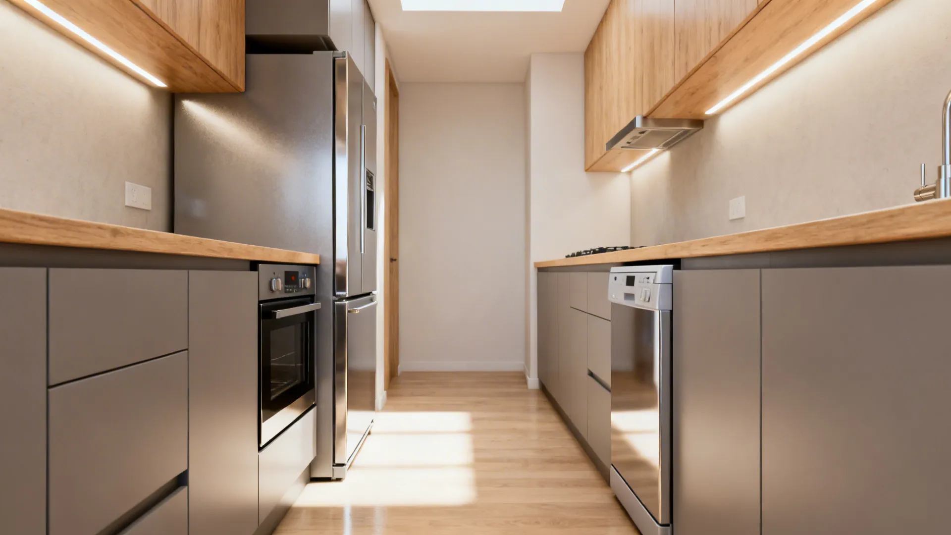 Compact kitchen appliances and a counter-depth refrigerator flush with cabinets in a small kitchen.