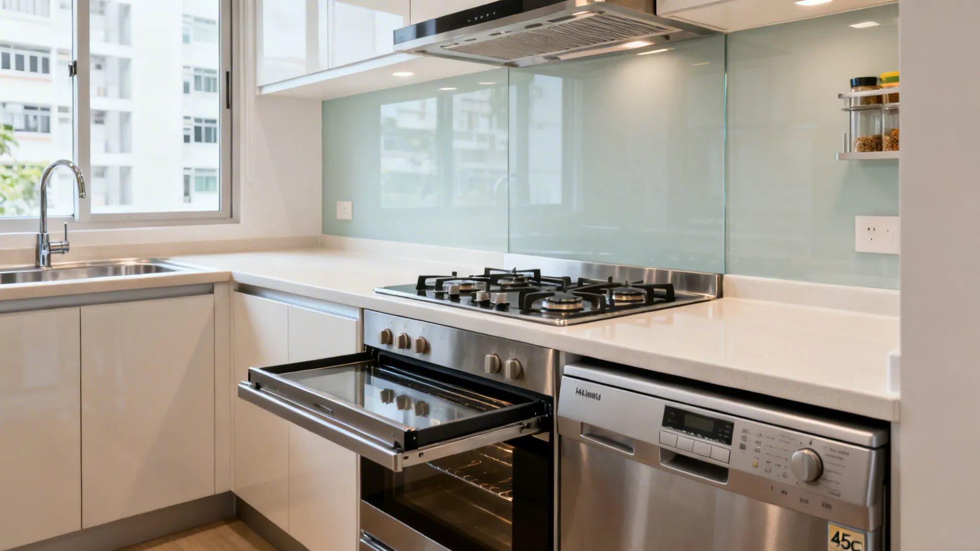 Compact oven, 45 cm dishwasher, induction hob, and slide-out worktop in a small kitchen.