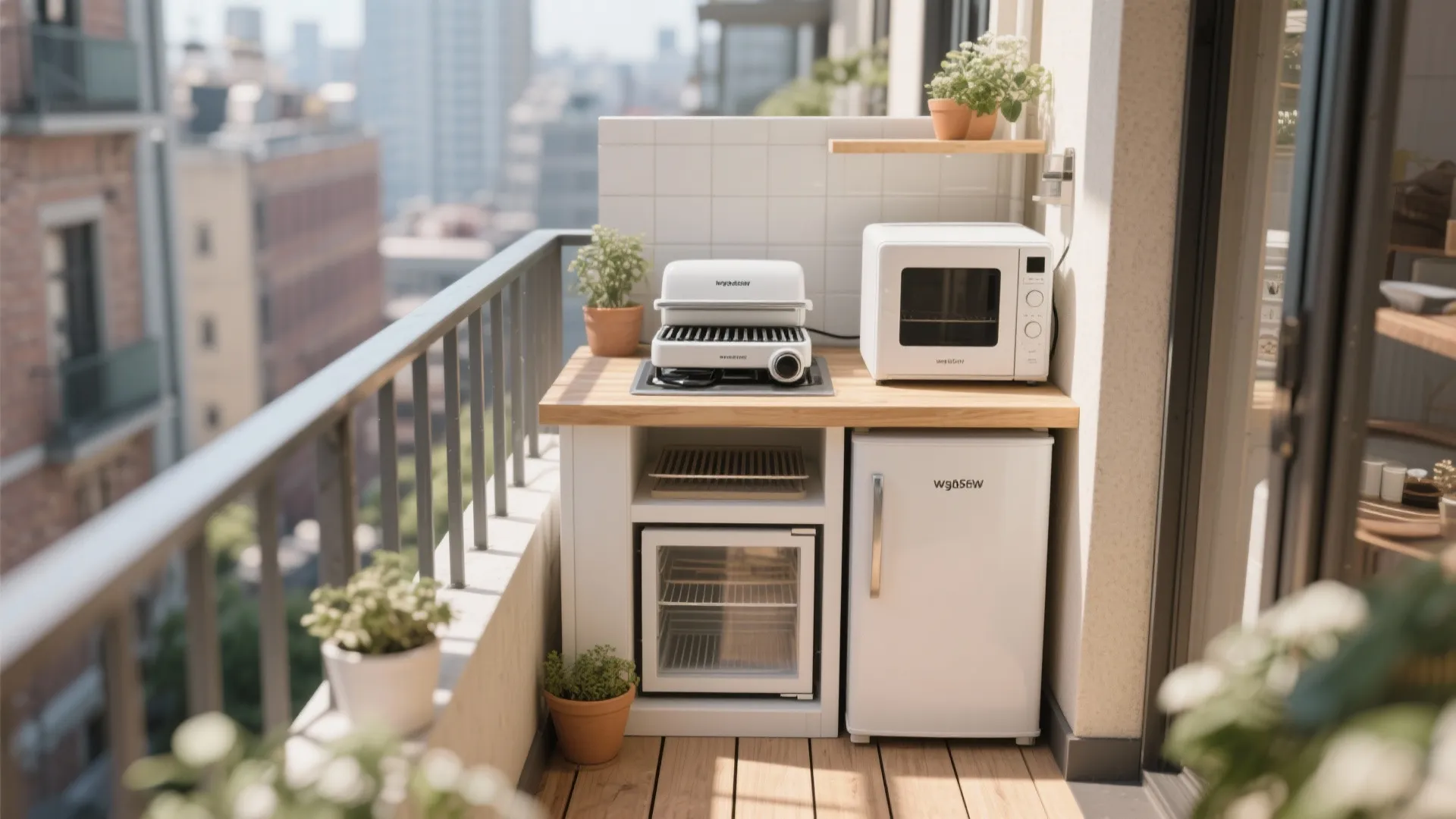 Small balcony outdoor kitchen with compact cooking appliances