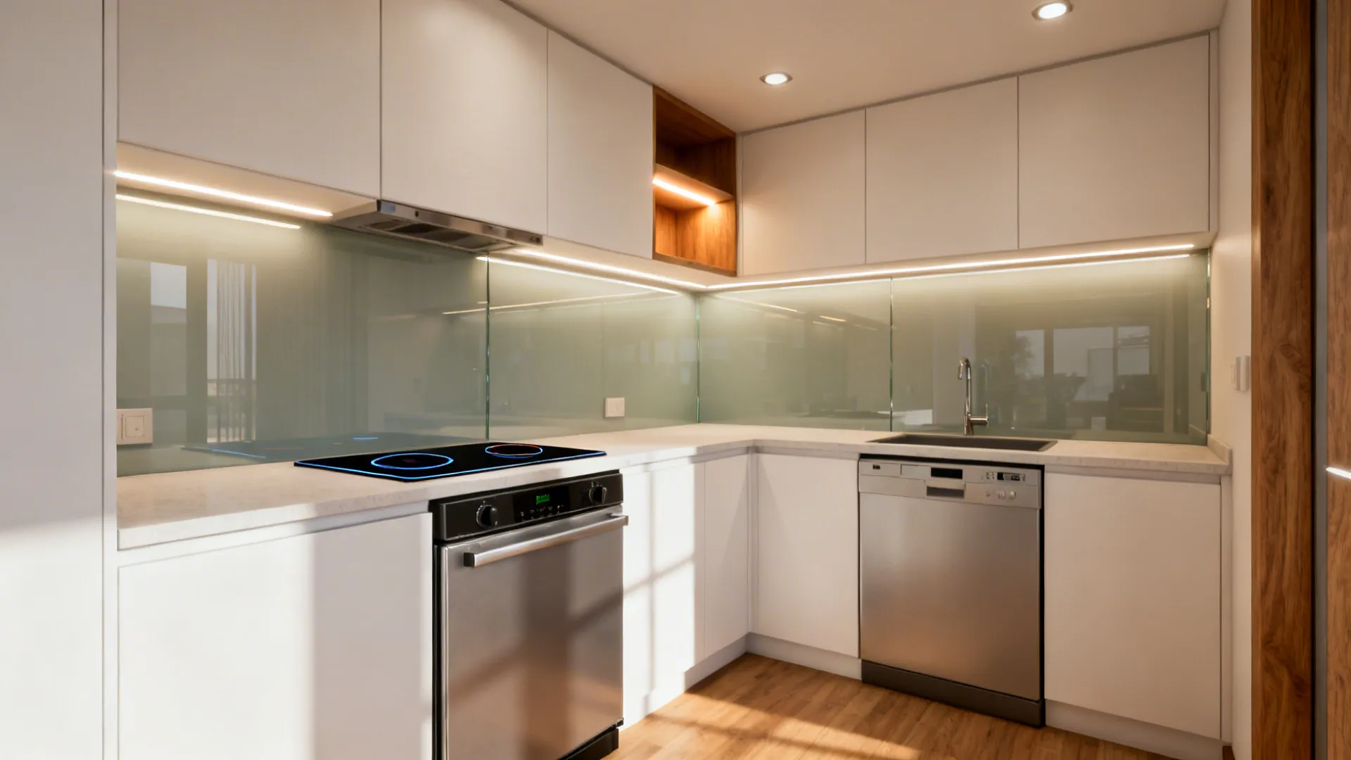 Compact 24-inch appliances and layered LED lighting in a streamlined 11 x 6 kitchen.