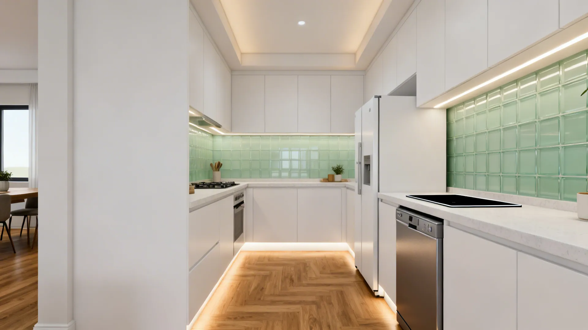 Small kitchen with compact appliances and layered LED lighting for bright, clear work zones.