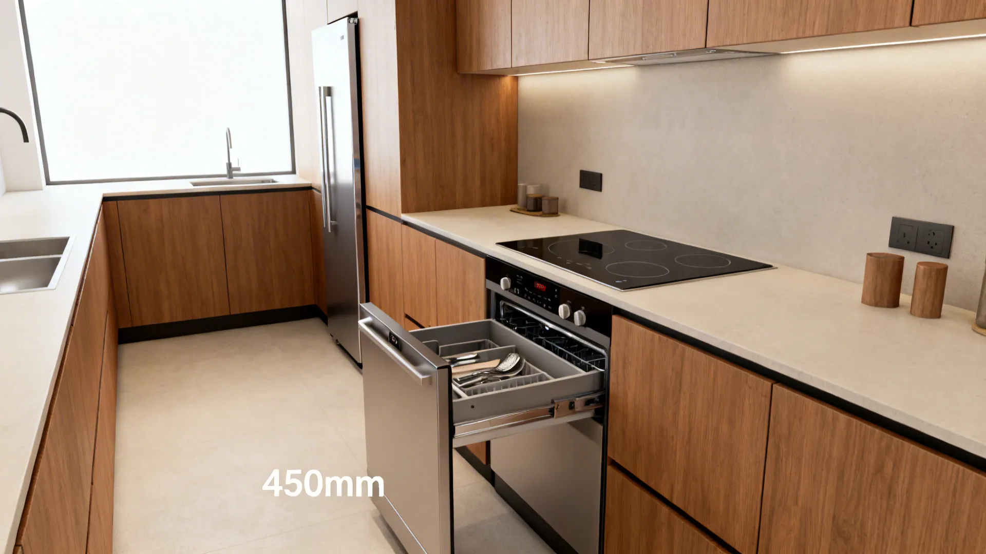 Small NZ kitchen with a drawer dishwasher, 600 mm induction hob, and shallow utensil drawer.