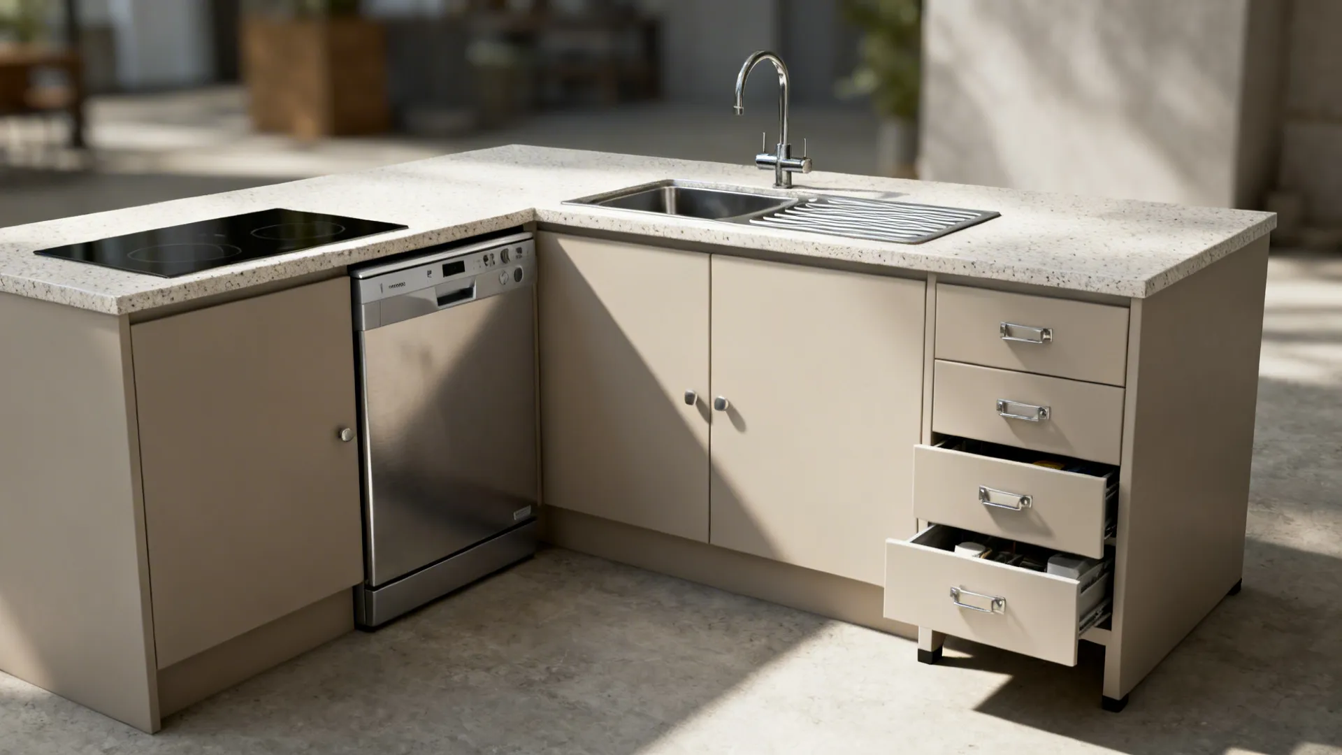L-shaped kitchen island with stove sink dishwasher and open drawers showing storage in natural light