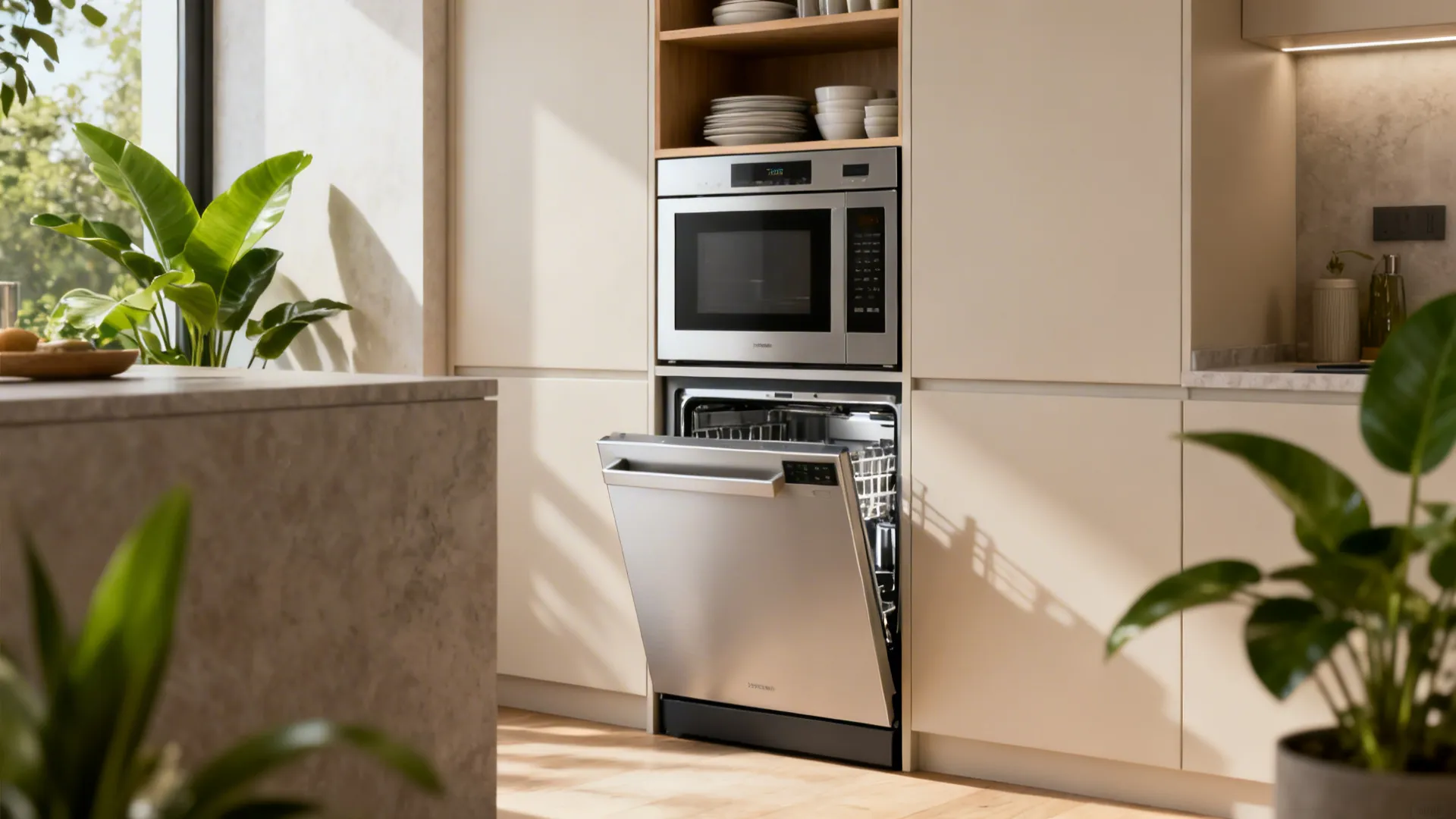Small kitchen using compact combo appliances and shallow upper shelves to save space and keep function.