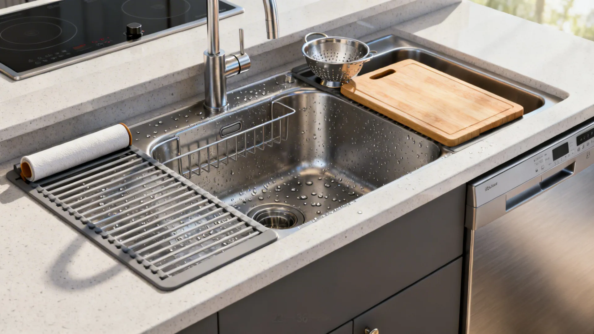Stainless steel kitchen sink with wooden cutting board, metal drying rack, and modern water faucet