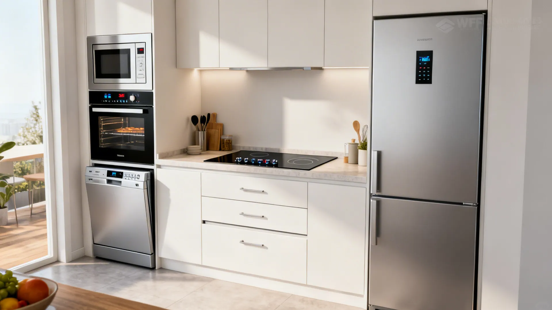 Compact kitchen with a combi-steam oven, 45cm dishwasher, induction cooktop, and counter-depth fridge.