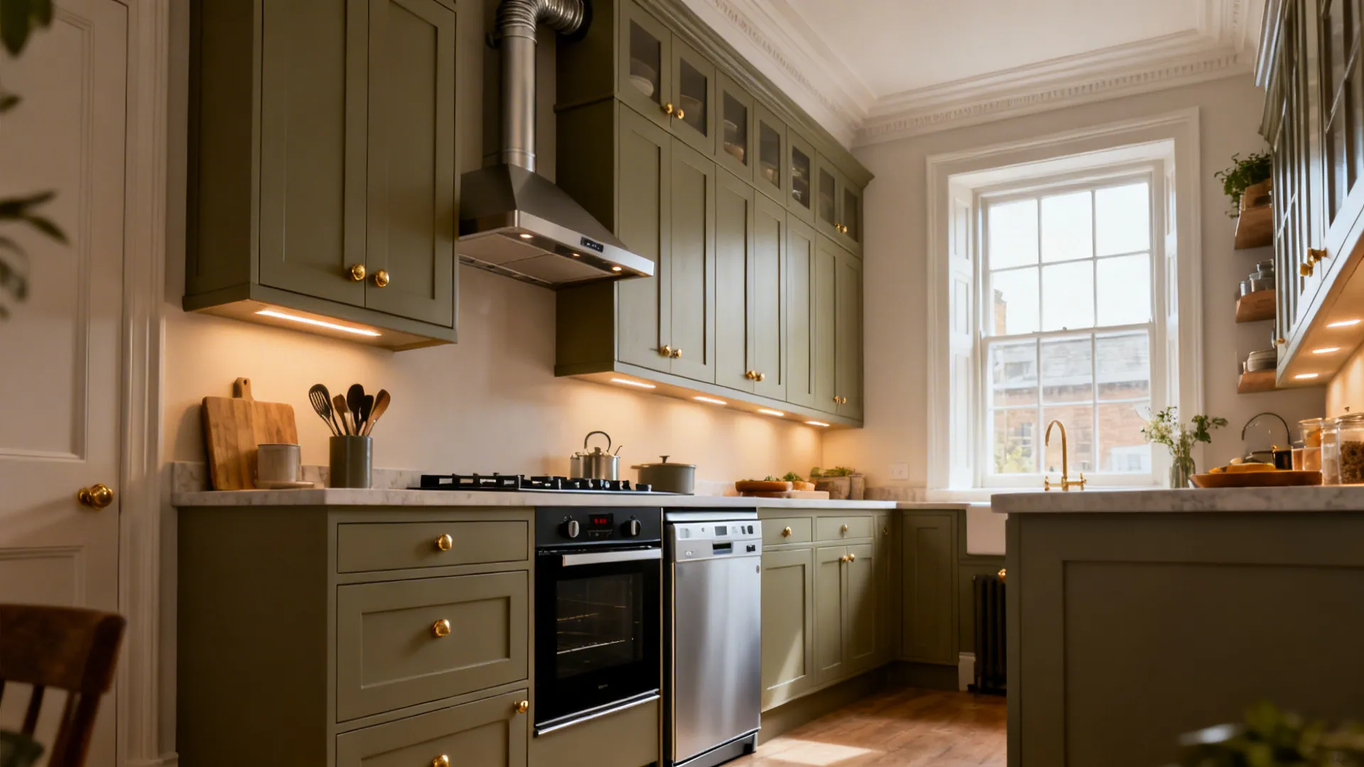 Tall Victorian kitchen with compact 24-inch appliances, stacked storage, and a discreet ducted hood.