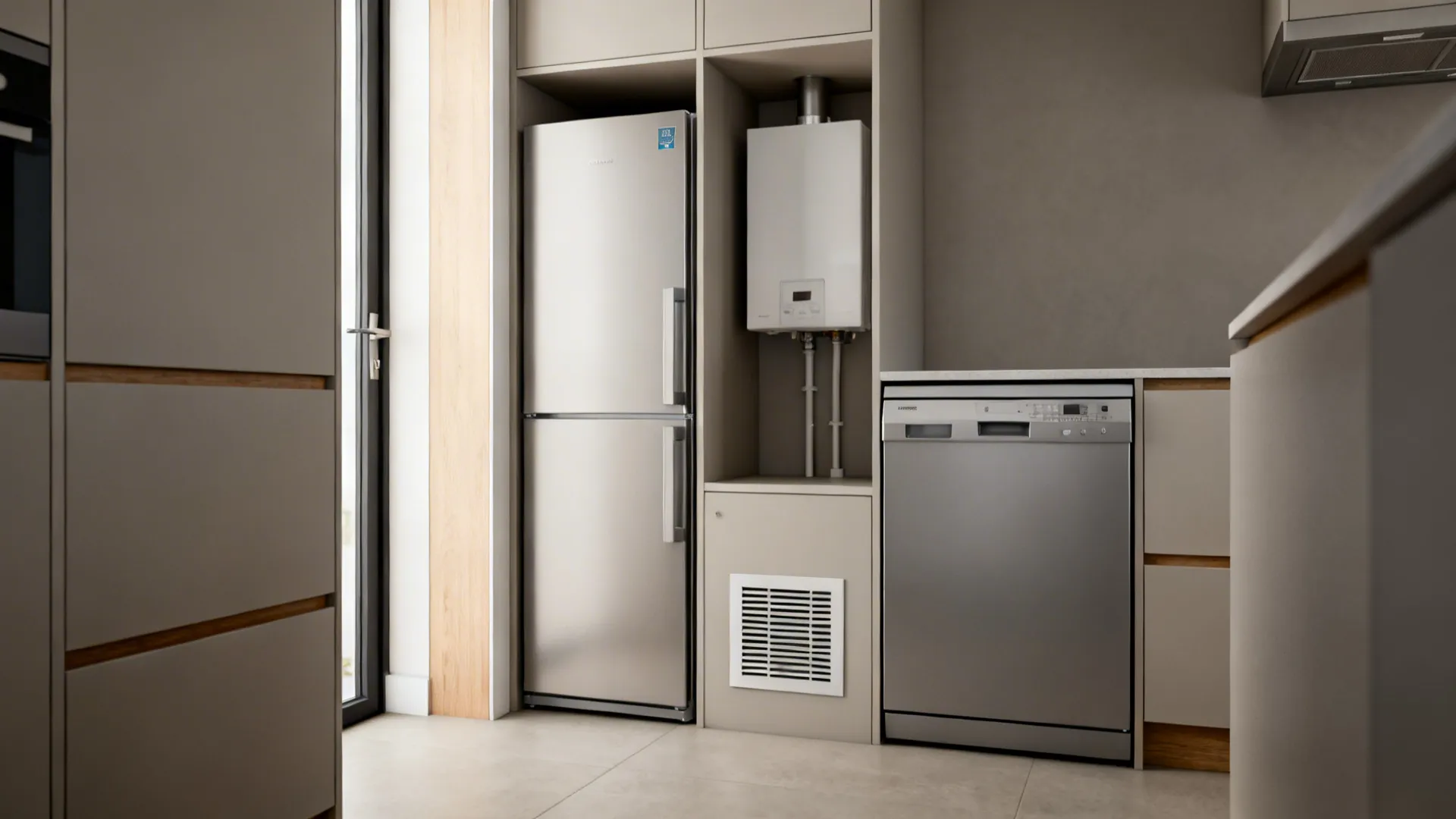 Small UK kitchen with a 450mm dishwasher, counter-depth fridge, and a vented cabinet concealing a boiler.