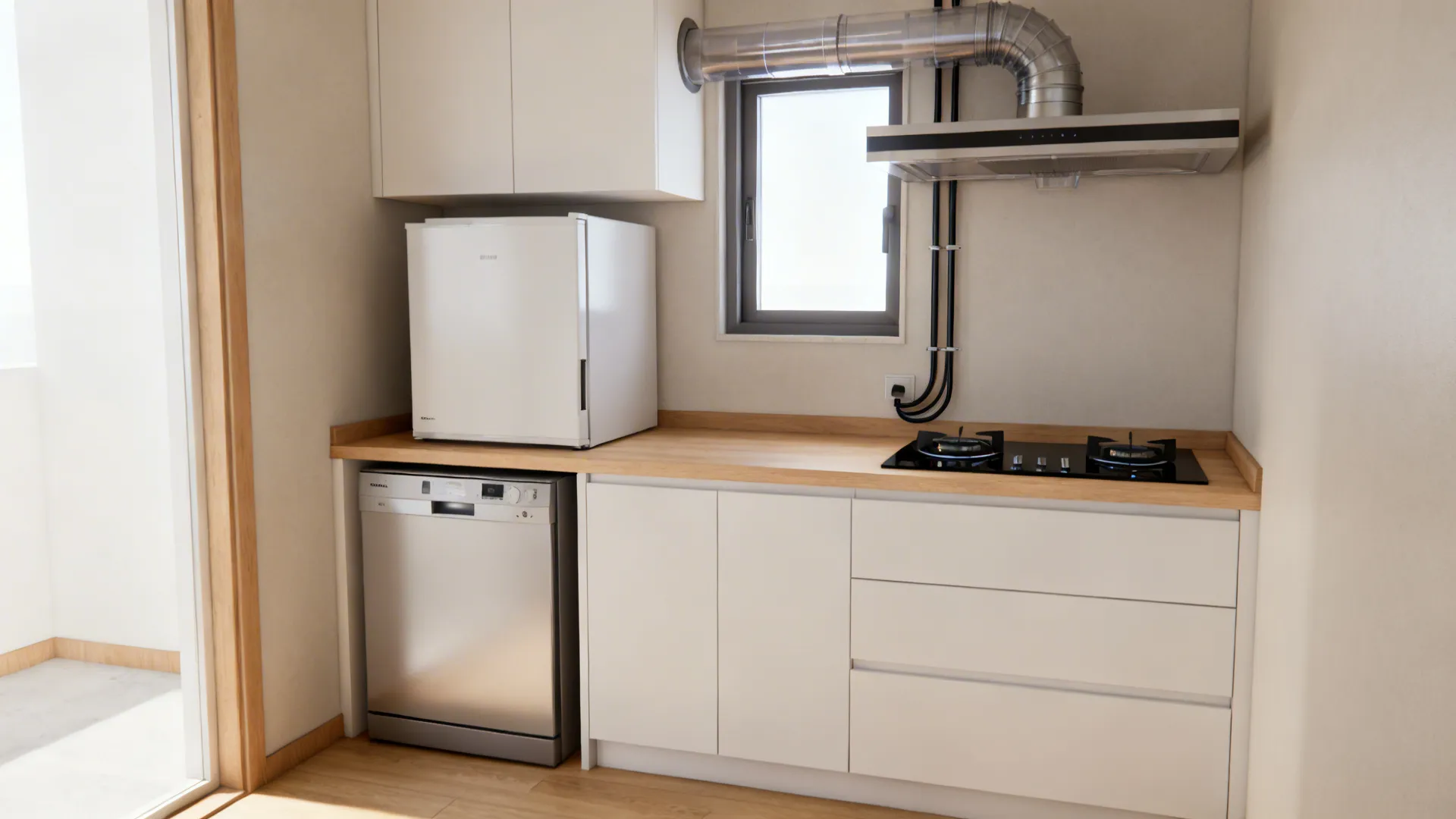 Small kitchen with 45 cm dishwasher, counter-depth fridge, induction cooktop, and ducted hood.