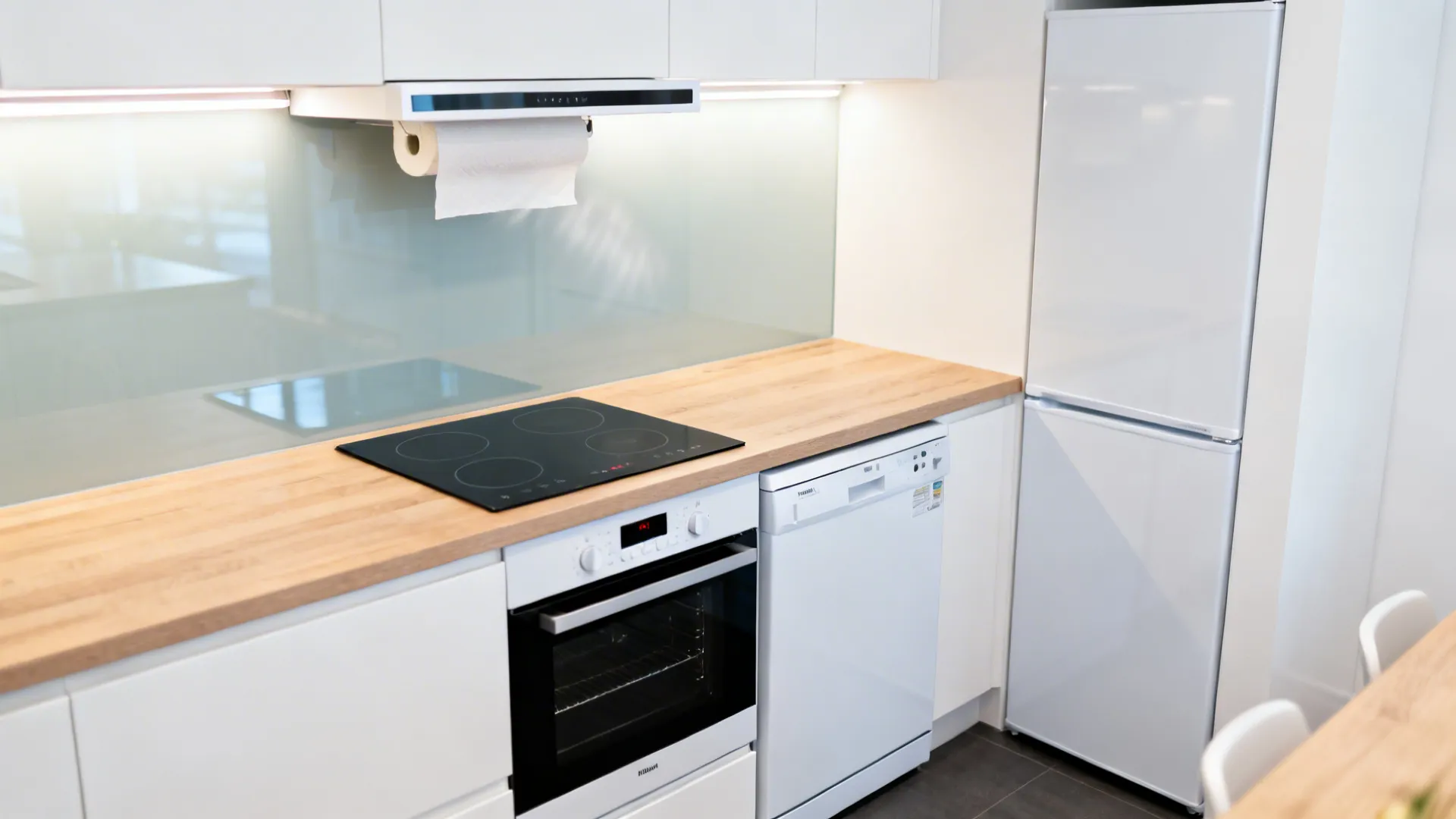 Compact kitchen with 60cm induction hob, slim hood, and 45cm dishwasher in a tidy L layout.