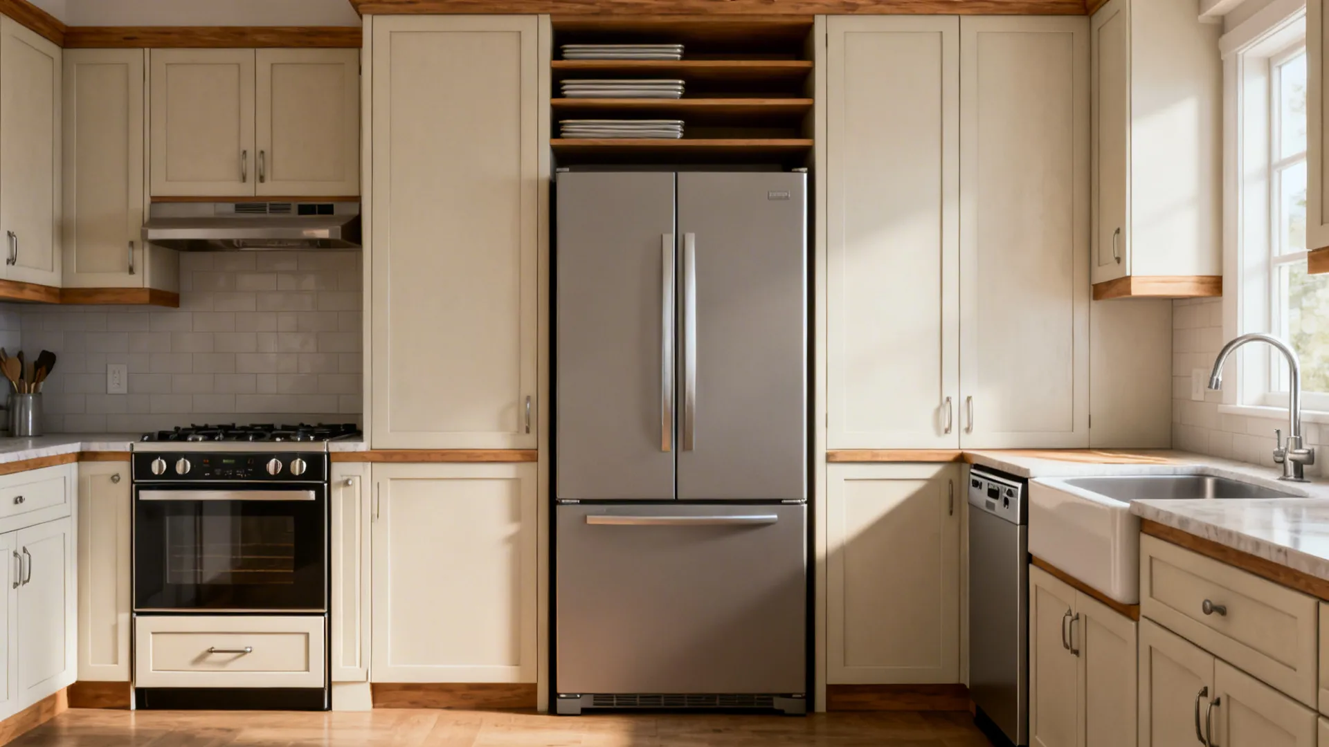 Compact 24-inch range, slim dishwasher, and a panel-ready counter-depth fridge framed by tall cabinets.