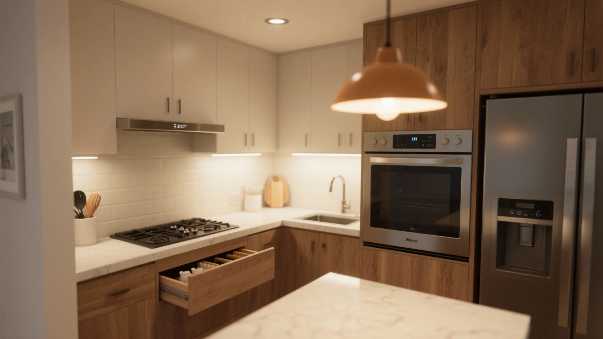 Modern kitchen with wood cabinets white countertops silver oven fridge and orange hanging ceiling light