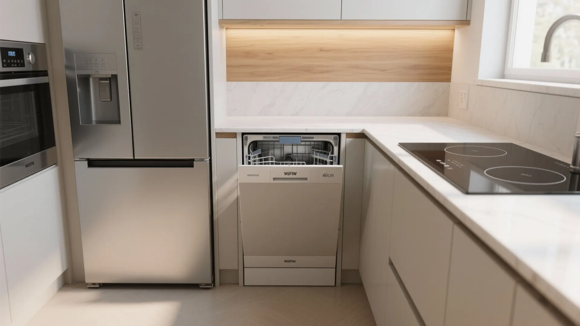 Modern white kitchen featuring a large silver refrigerator and an open dishwasher under the counter