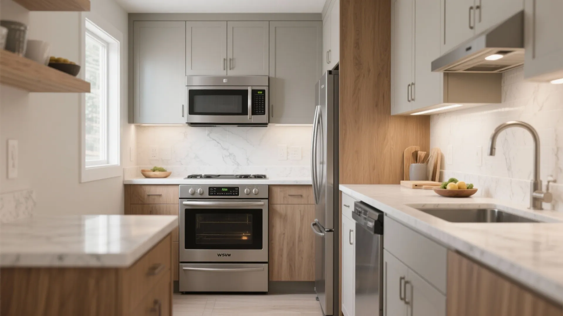 Small kitchen interior with grey upper cabinets microwave oven fridge sink and white marble walls
