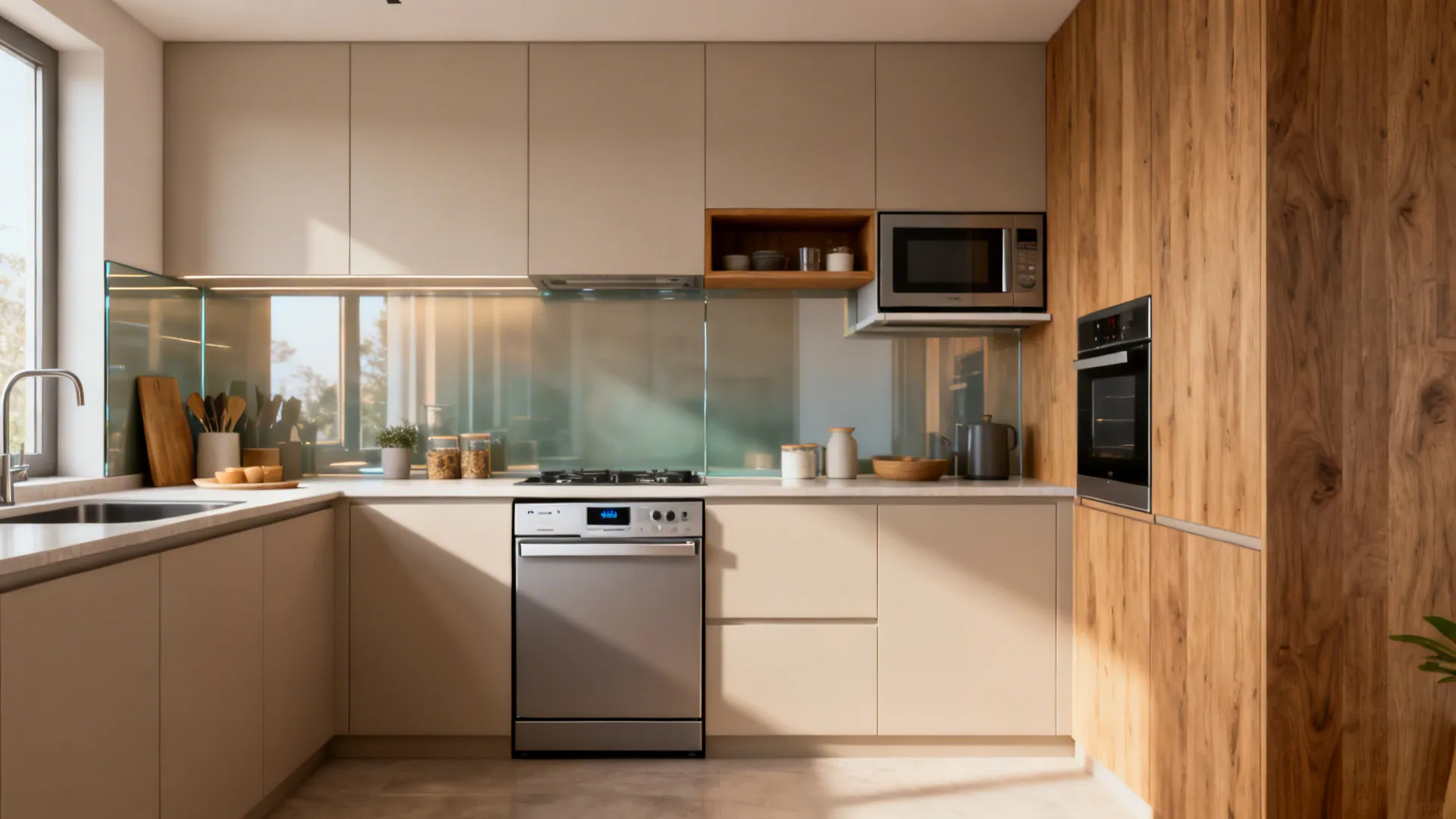 Modern kitchen with beige cabinets wood wall panel microwave oven dishwasher and bright natural sunlight