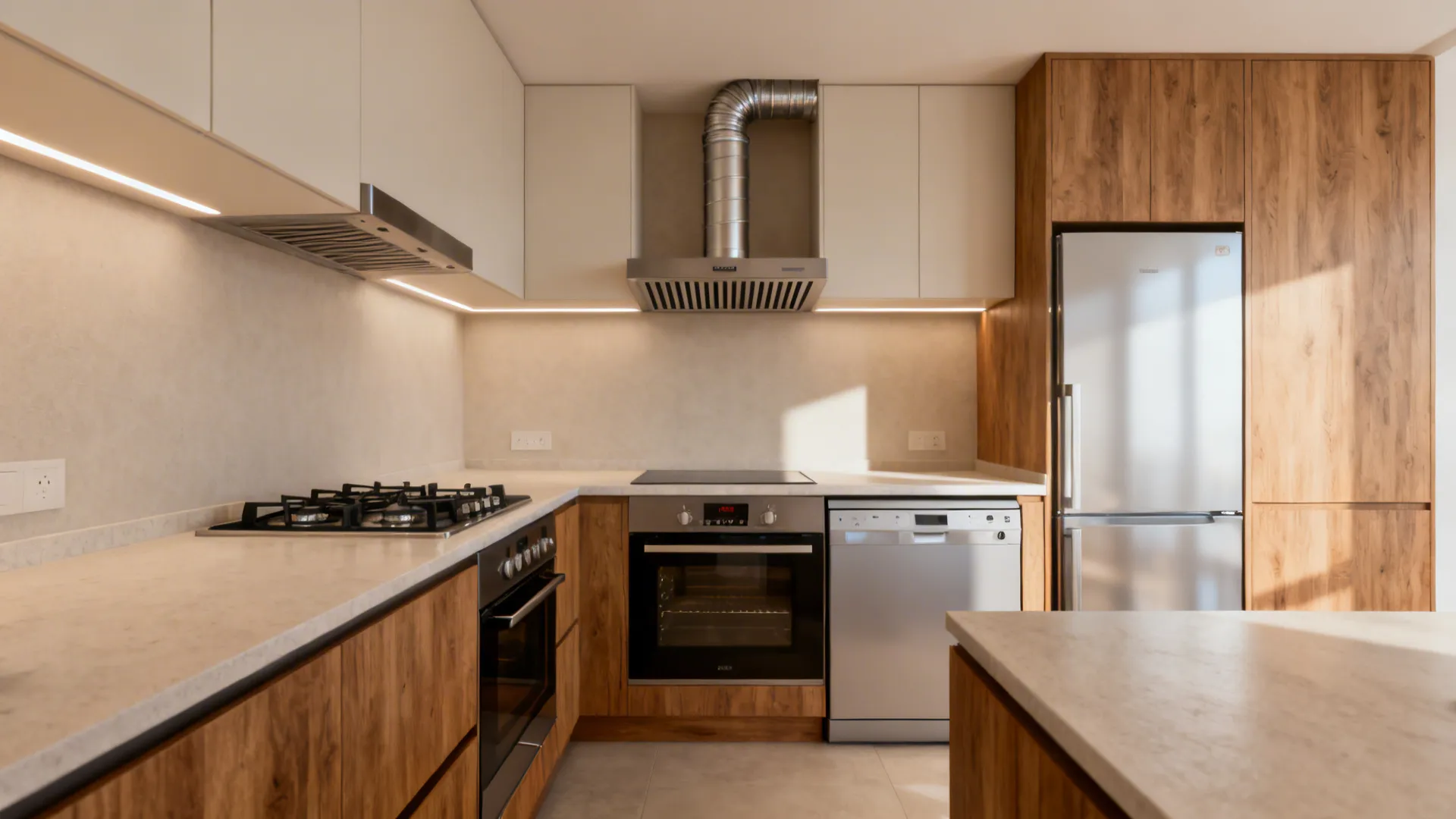 Compact 60 cm hob, 24-inch oven, drawer dishwasher, and high-suction chimney in an 8x12 kitchen.