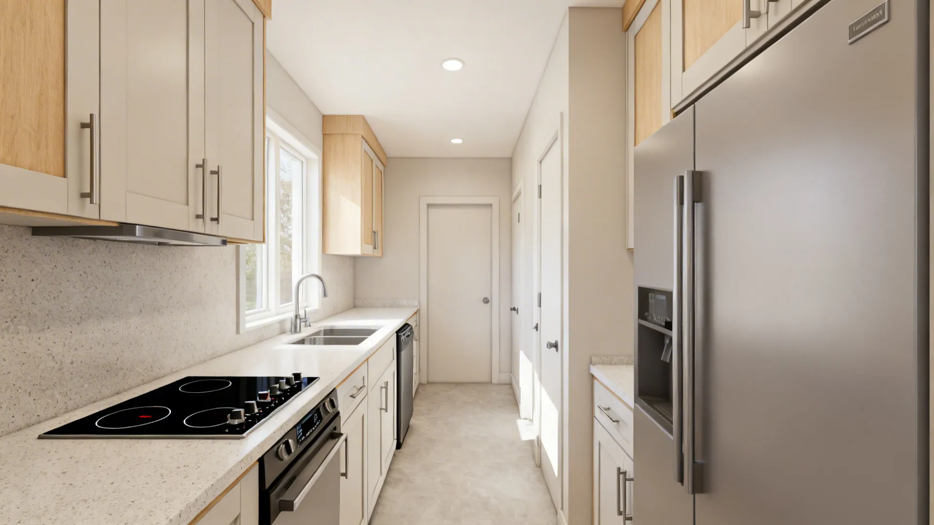 Corridor kitchen with compact panel-ready appliances and a clear prep zone between sink and cooktop.