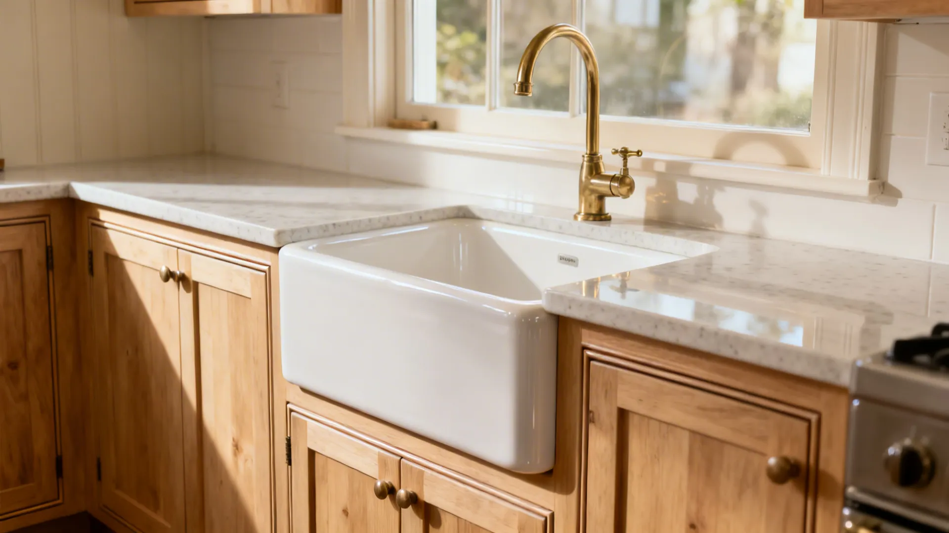 Compact galley kitchen with a white fireclay 24-inch apron-front sink and brass faucet.