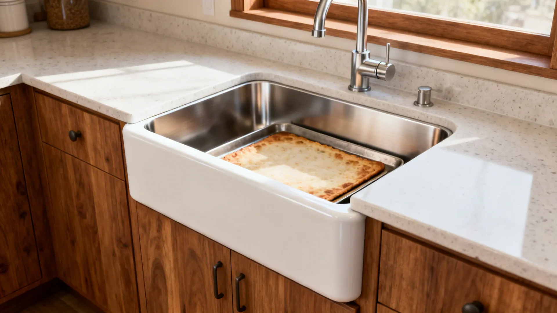 Compact 24-inch apron-front sink in a small modern kitchen with a deep bowl and forward lip.