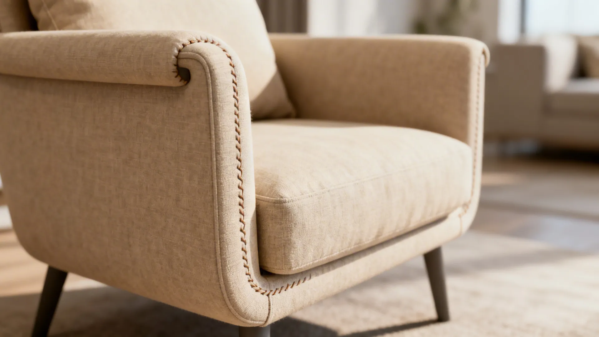 Compact armchair with slim arms and removable cushions in a small living room.