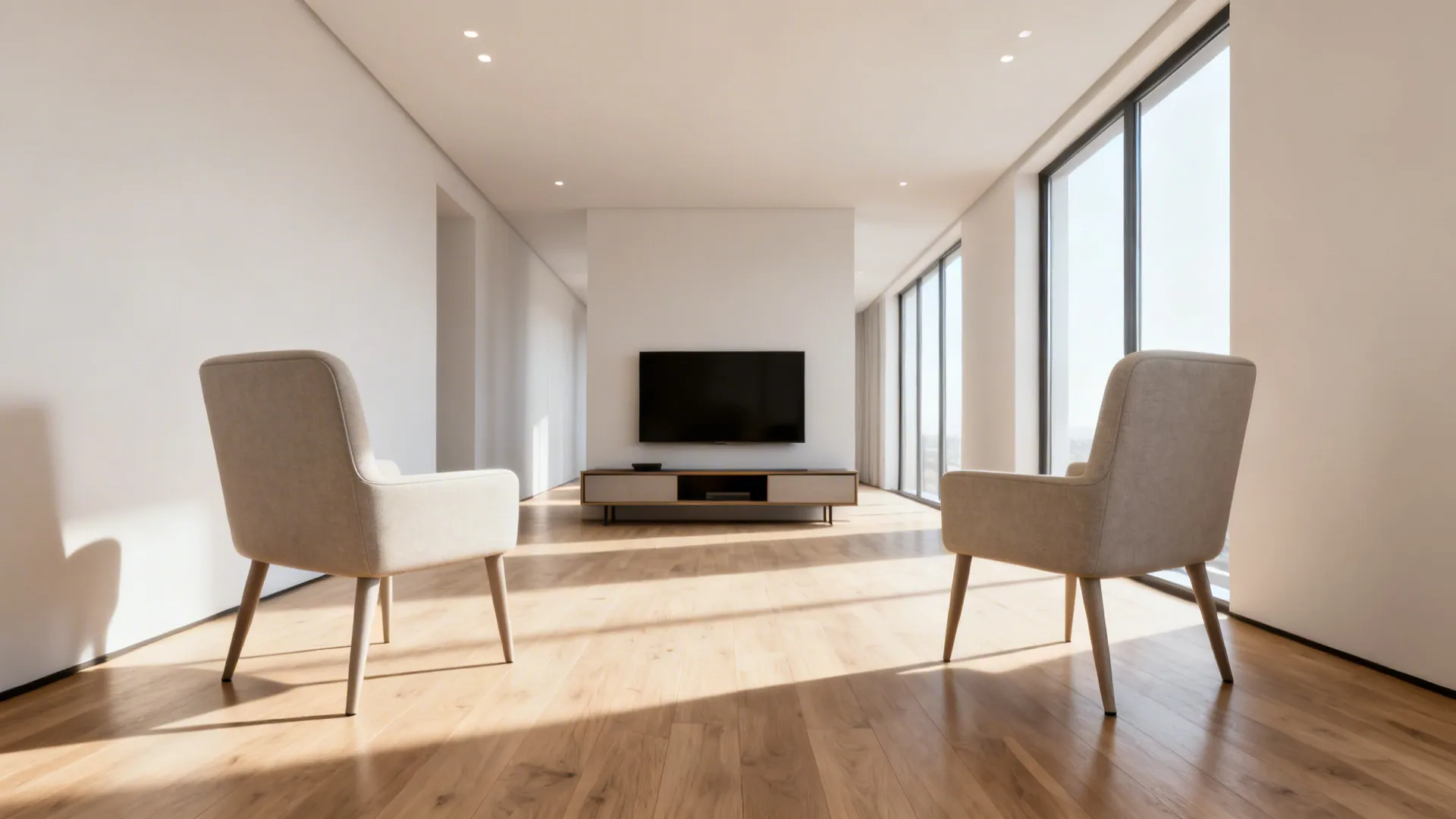 Narrow living room with two slim-armed armchairs and a slim console creating clear circulation.