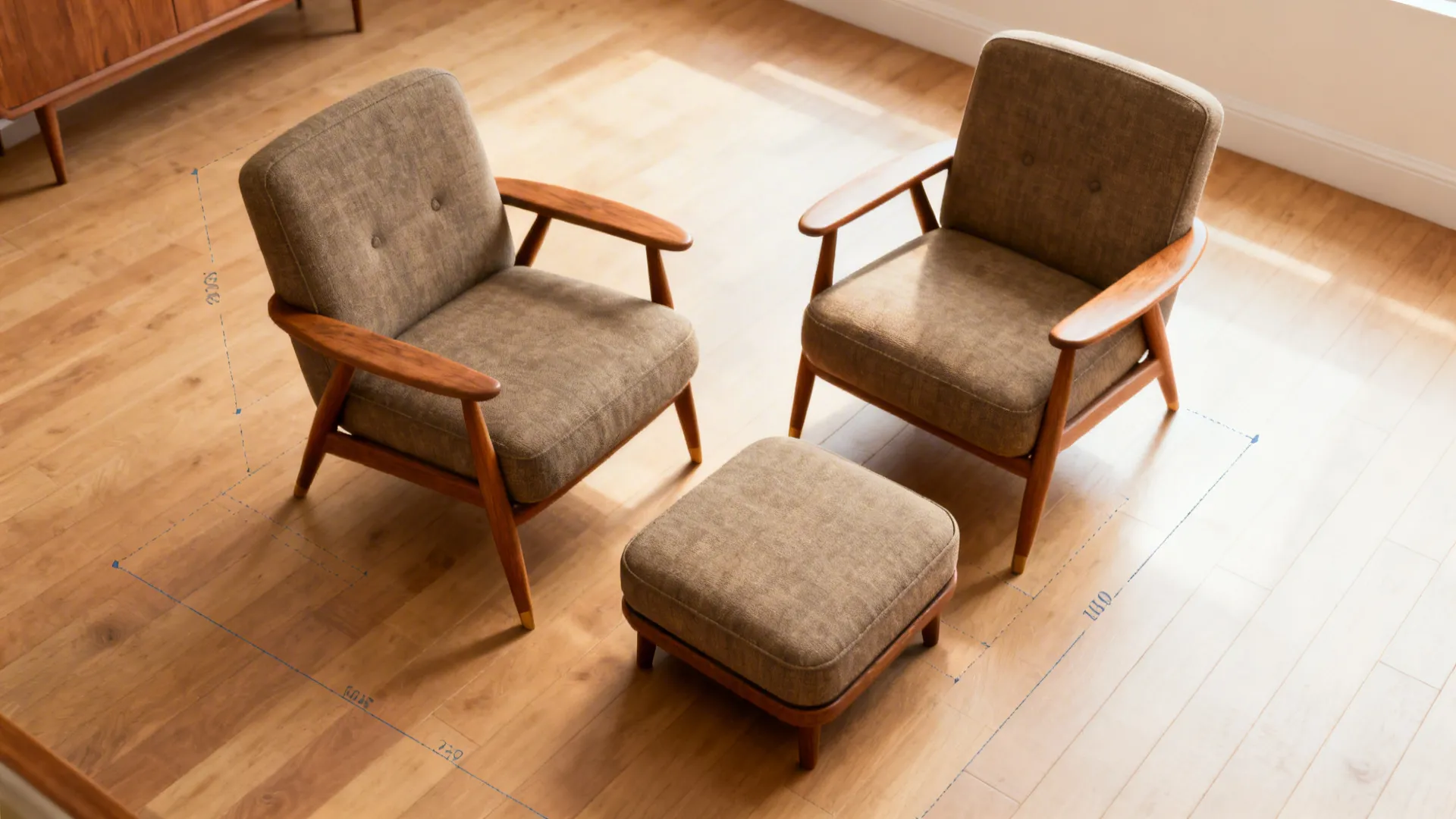 Top-down view of a small living room layout with compact armchairs and ottoman showing clearances