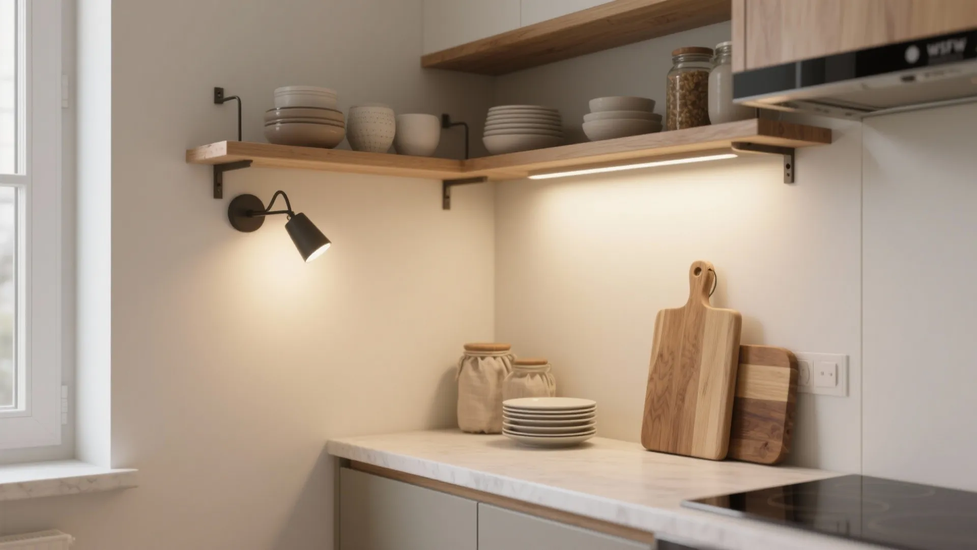 Compact arms over open shelving to maximize counter space