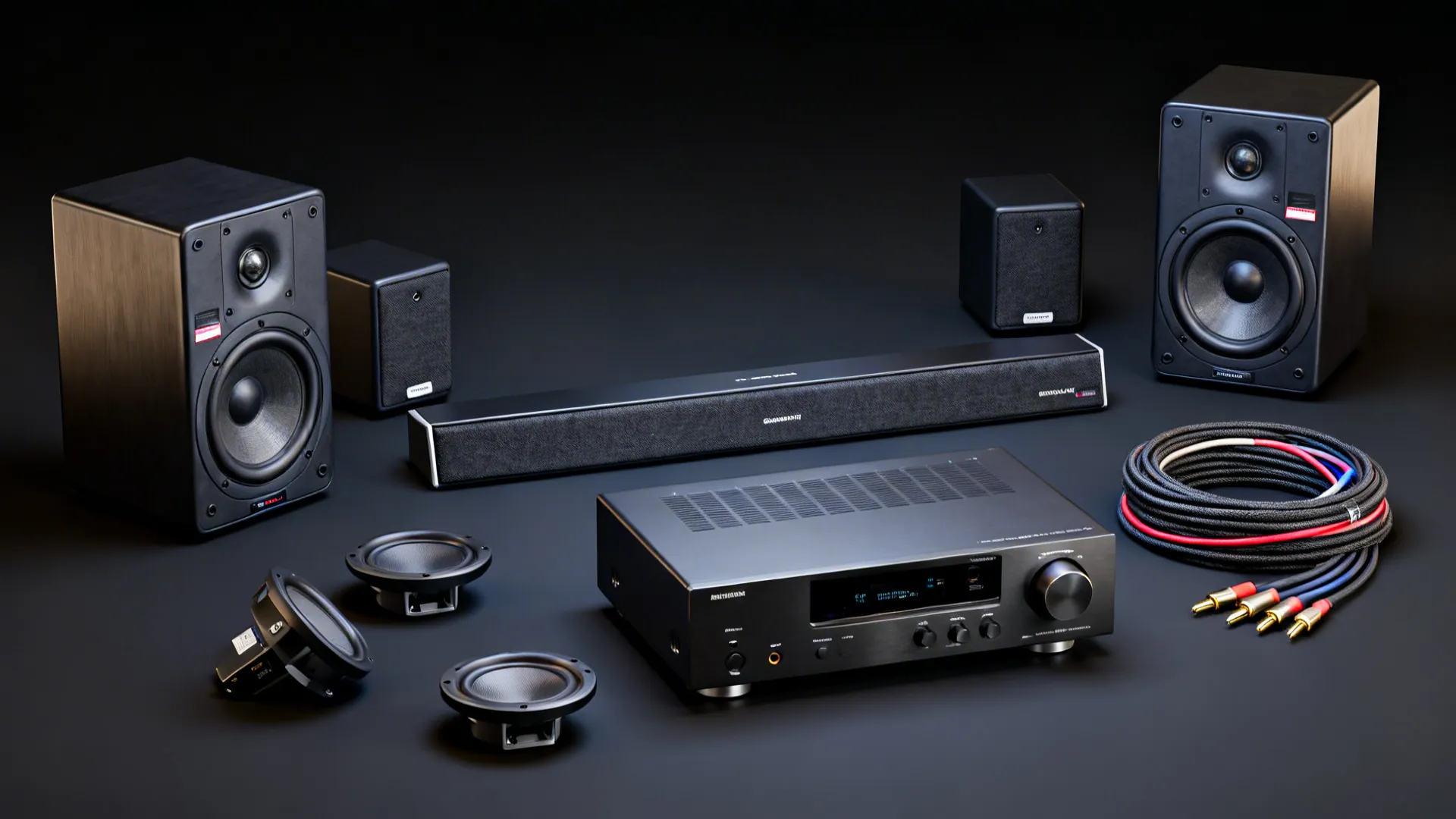 Flat lay of compact speakers, dual small subs, Atmos modules, and AVR on a dark surface.