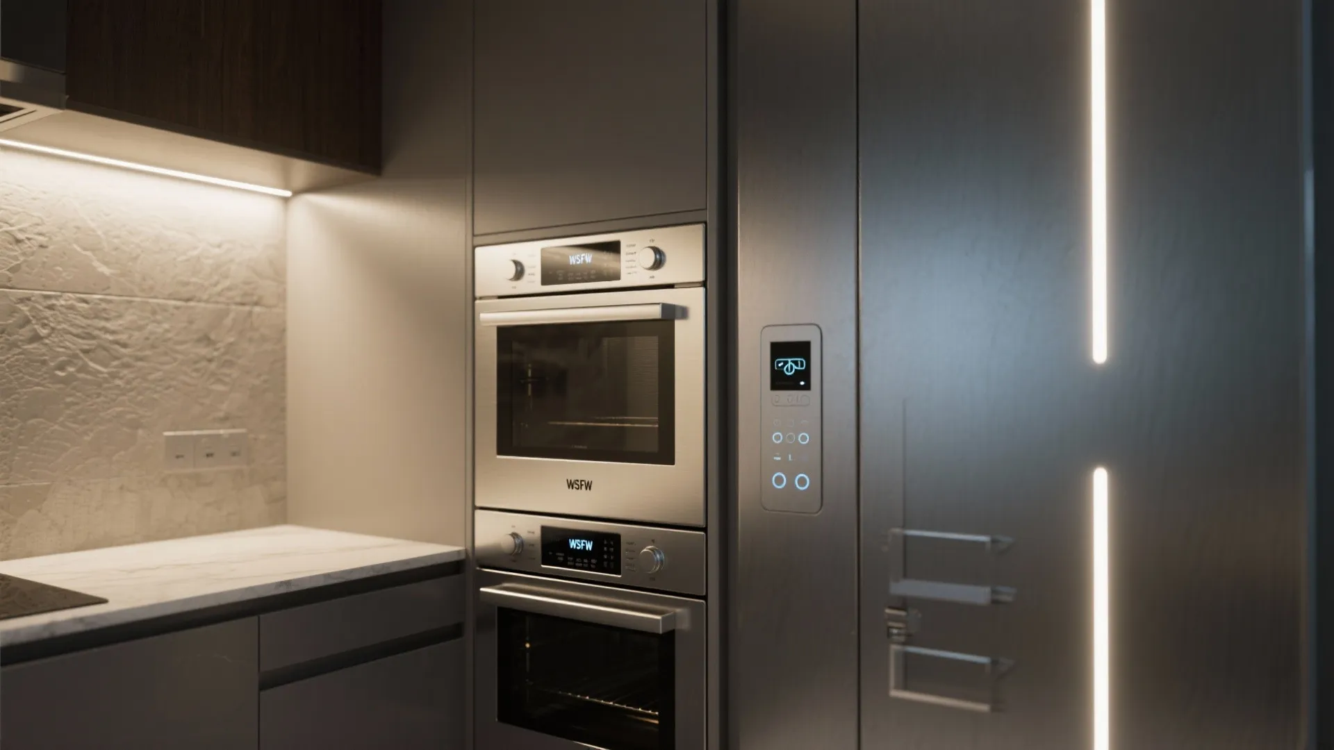 Modern kitchen with built-in silver ovens and light fixture under cabinets beside a marble countertop