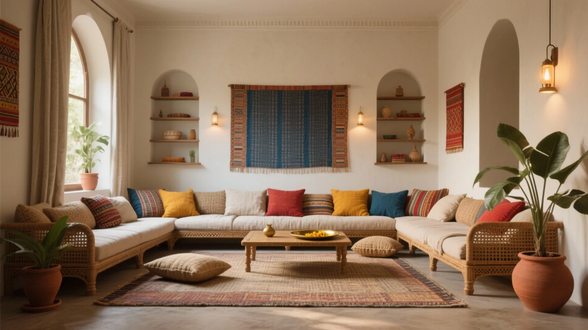 Large sofa with colorful pillows wooden coffee table patterned rug wall tapestry and green plants